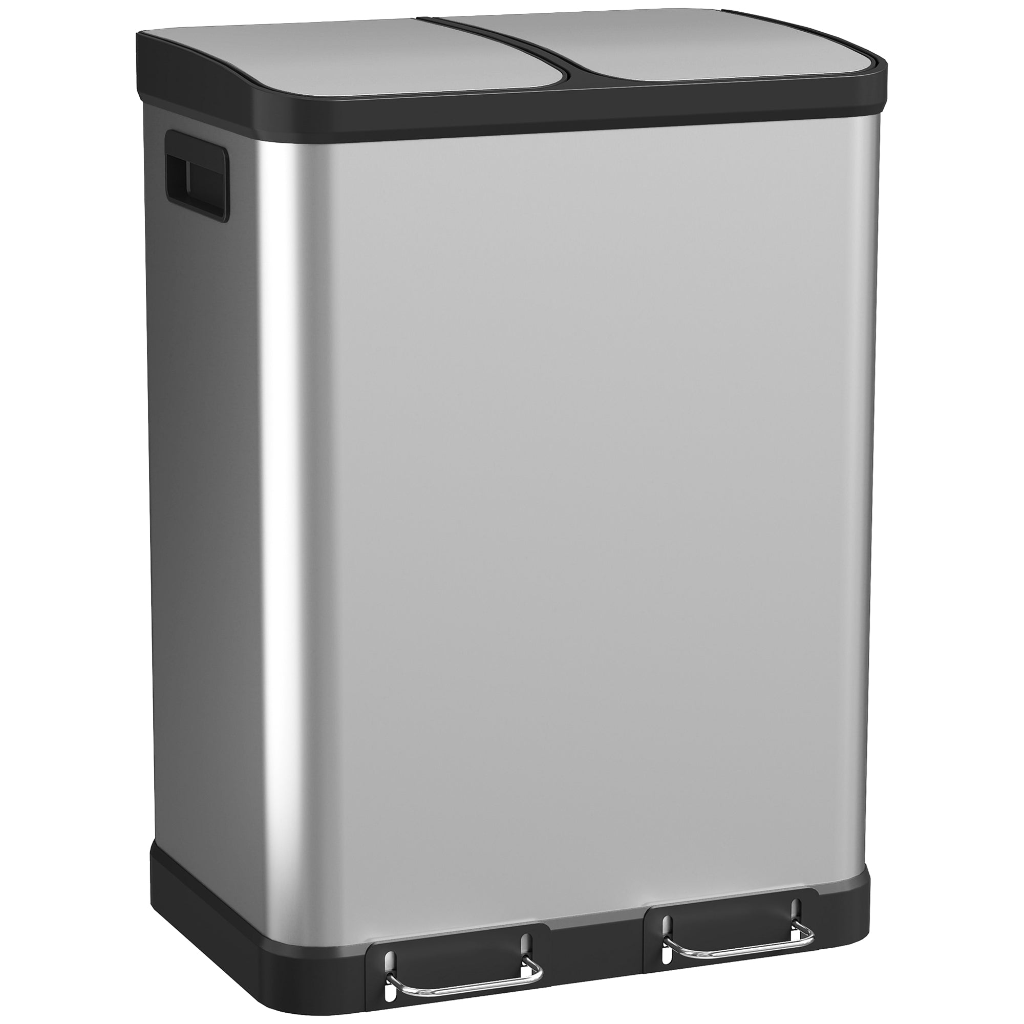 Poubelle à Double Compartiment 2x30L, Poubelle de Cuisine à Pédale en Acier Inoxydable, Couvercle à Fermeture Douce, Seaux Intérieurs Amovibles, Poignées, Anti-Traces, Argent