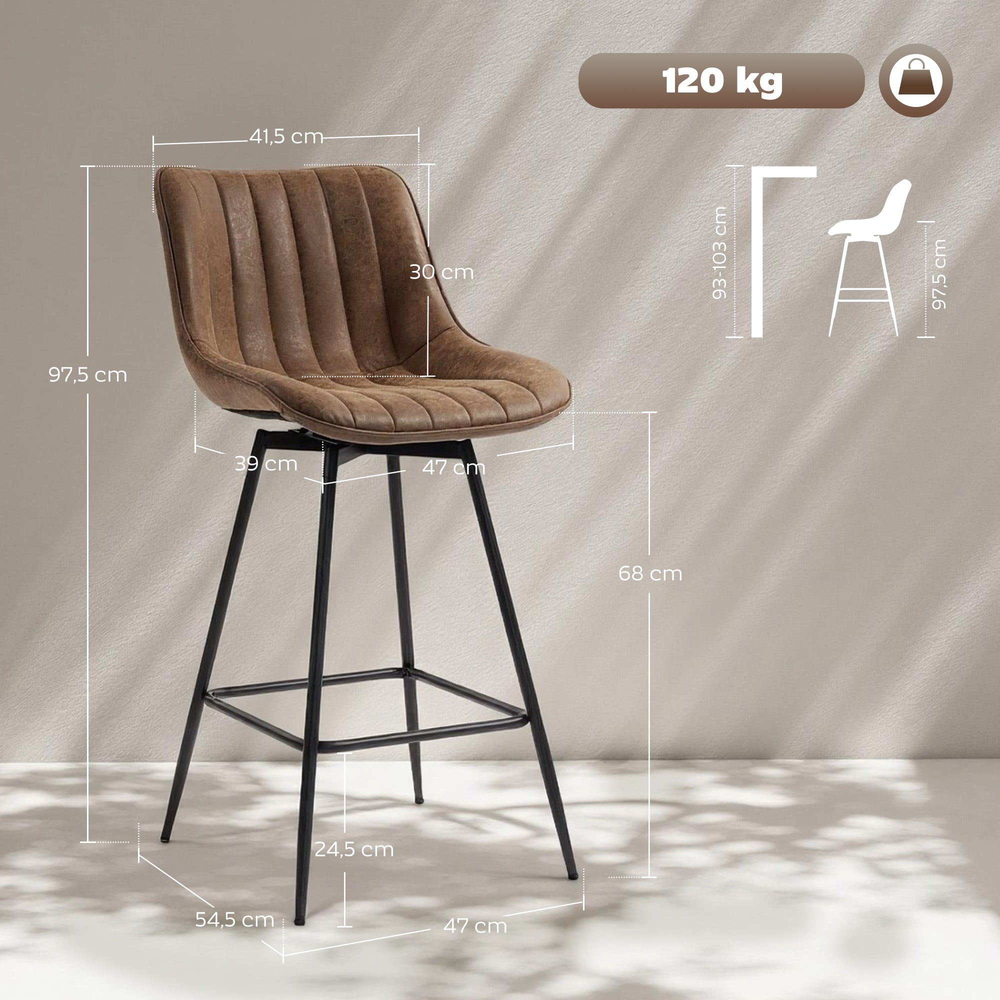 Lot de 2 Tabourets de Bar, Chaises de Bar Moderne en PU, Assise Rembourrée 68H cm à Pivotant à 360°, Dossier et Repose-Pieds, Pieds en Acier, Chaises Hautes Cuisine, Salle À Manger, Marron