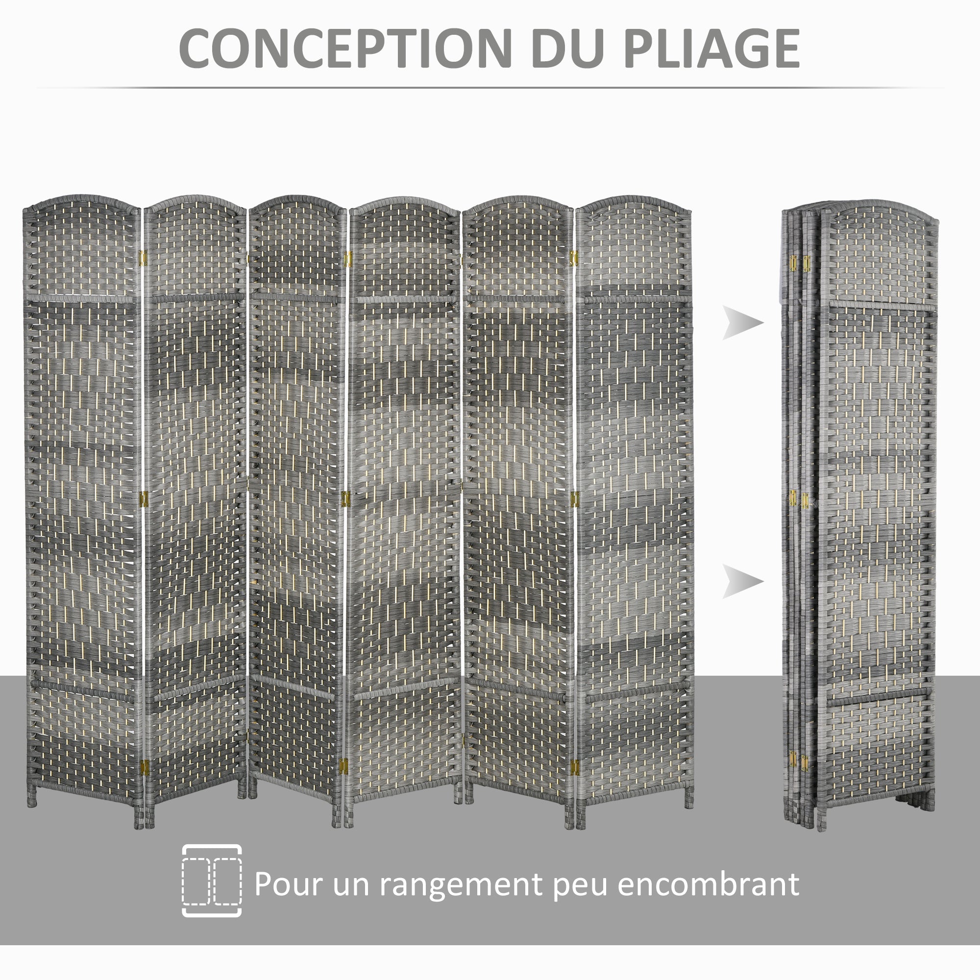 Paravent intérieur en bois, 6 panneaux, 270 x 180 cm, séparateur de pièce pliable, pour salon, chambre à coucher, maison, gris mélangé