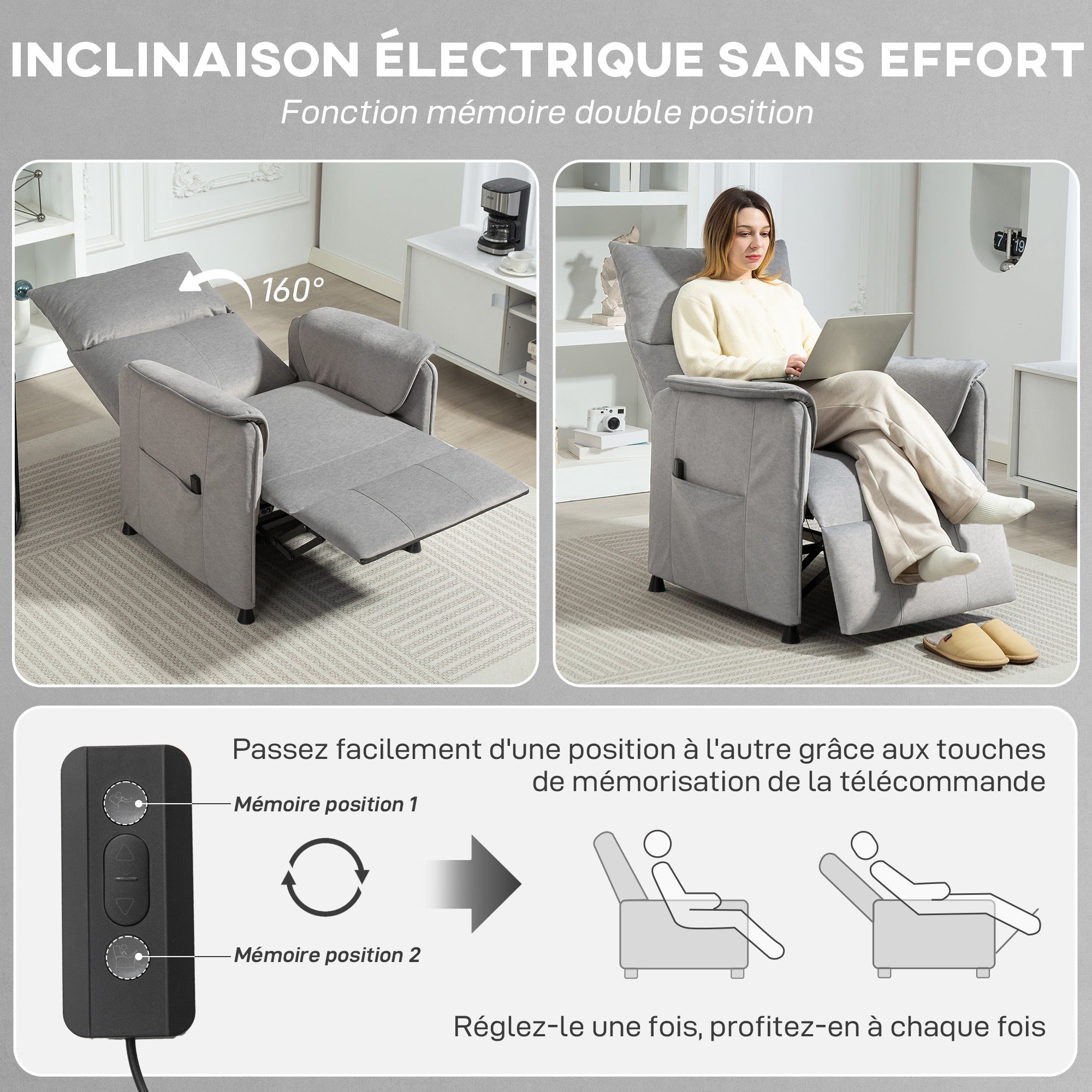 Fauteuil relax électrique fauteuil de relaxation inclinable ultra silencieux avec fonction mémoire, repose-pieds rétractable, télécommande, chaise TV pour chambre bureau home cinéma, gris
