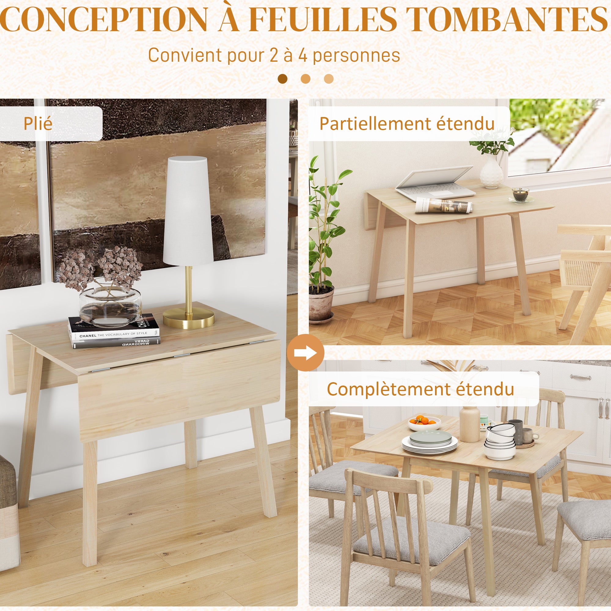 Table de cuisine pliable table à manger pliante avec plateau rabattable en bois pour 2 à 4 personnes, bois naturel