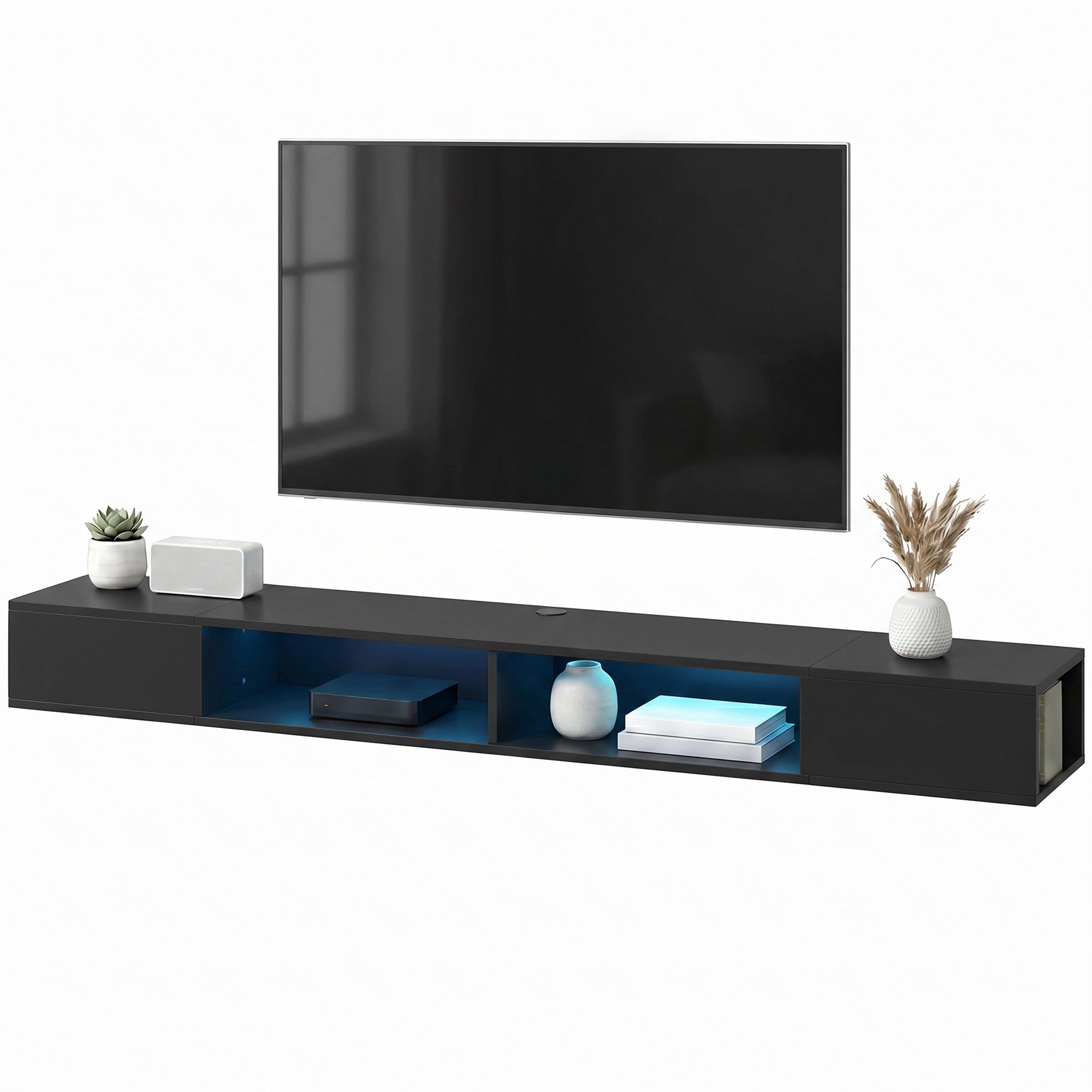 Meuble TV suspendu 180 cm avec éclairage LED RGB, meuble télé pour téléviseur jusqu'à 75 pouces avec étagères ouvertes, banc TV mural pour salon, noir
