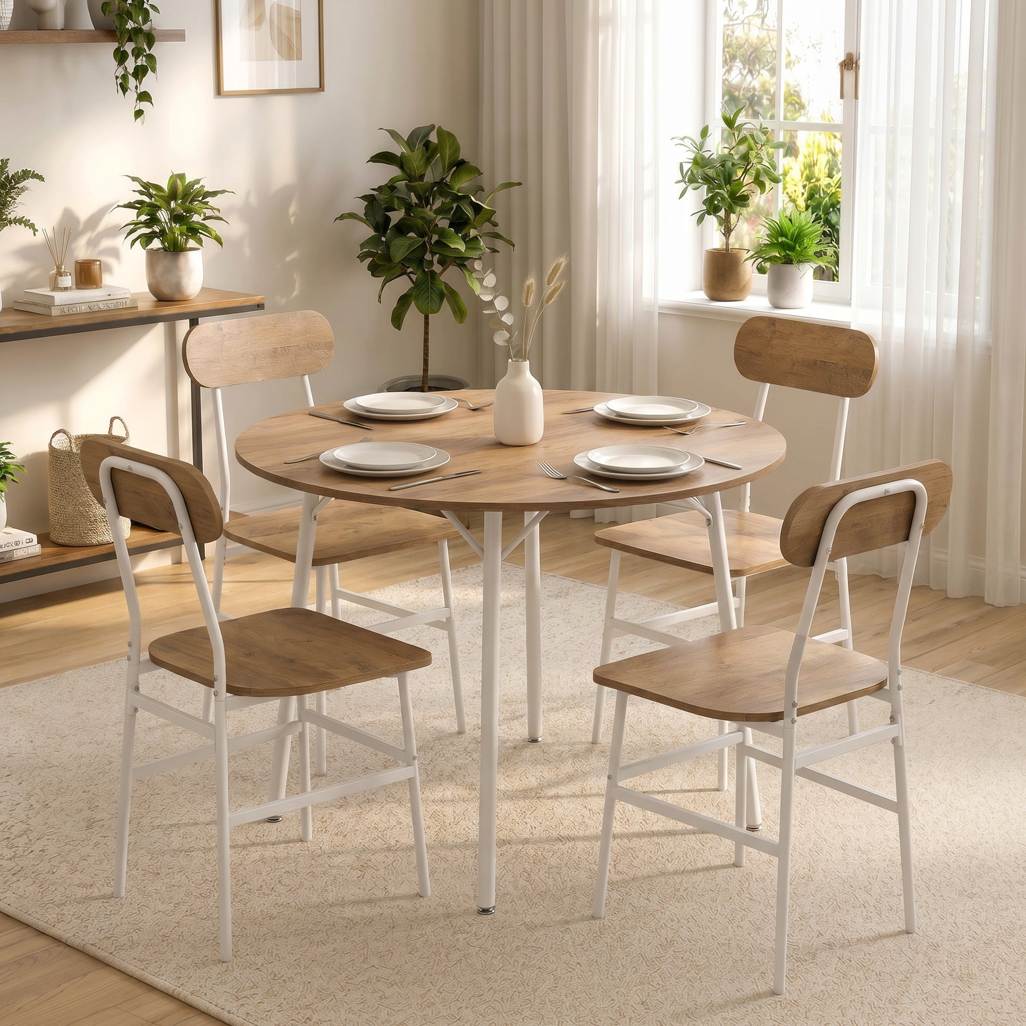 Ensemble table salle à manger avec 4 chaises, table de cuisine avec chaises pour 4 personnes, plateau rond Ø 100 cm, cadre en métal, style industriel, pour salon, petit espace, bois naturel
