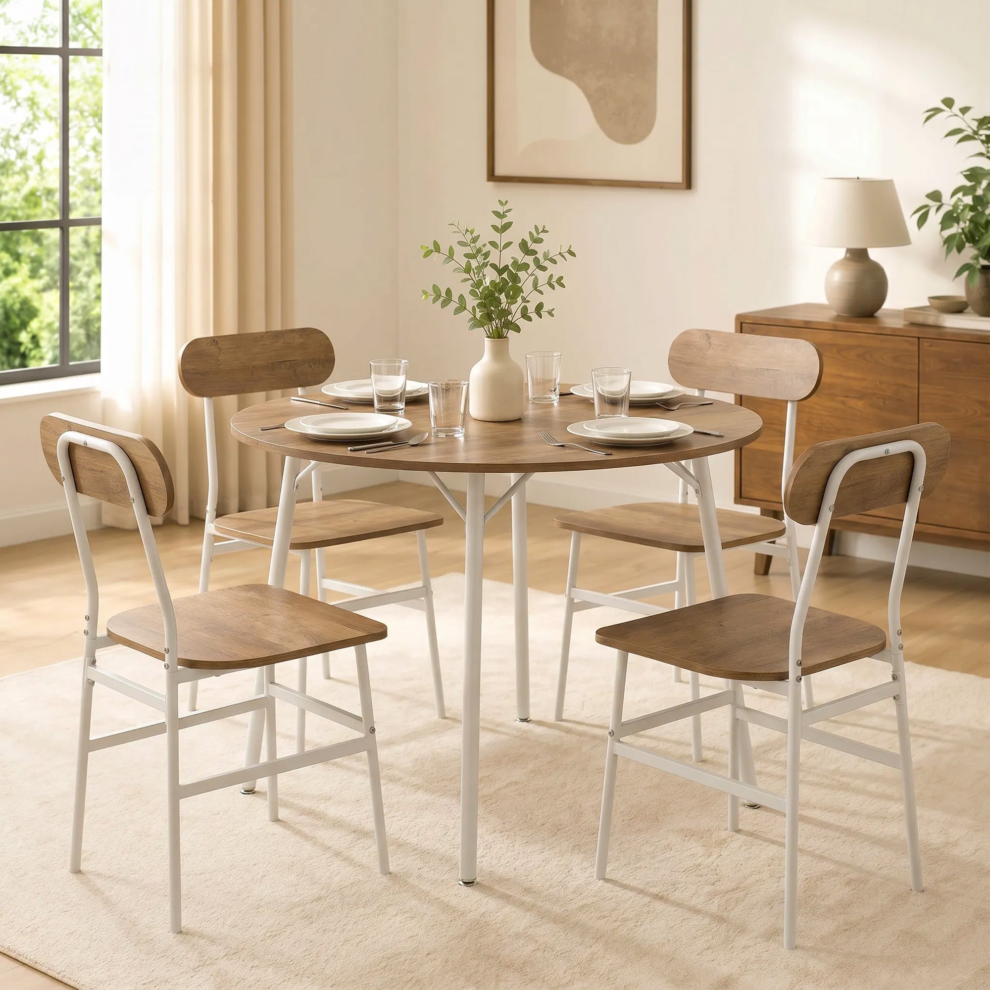 Ensemble table salle à manger avec 4 chaises, table de cuisine avec chaises pour 4 personnes, plateau rond Ø 100 cm, cadre en métal, style industriel, pour salon, petit espace, bois naturel