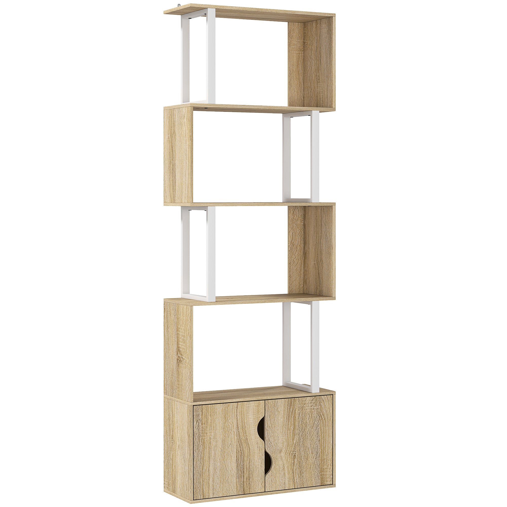 Bibliothèque à 5 niveaux, meuble de rangement en forme de S avec étagères et placard double porte, étagère de rangement pour salon, chambre bureau, 60 x 23,8 x 179,2 cm, effet bois naturel
