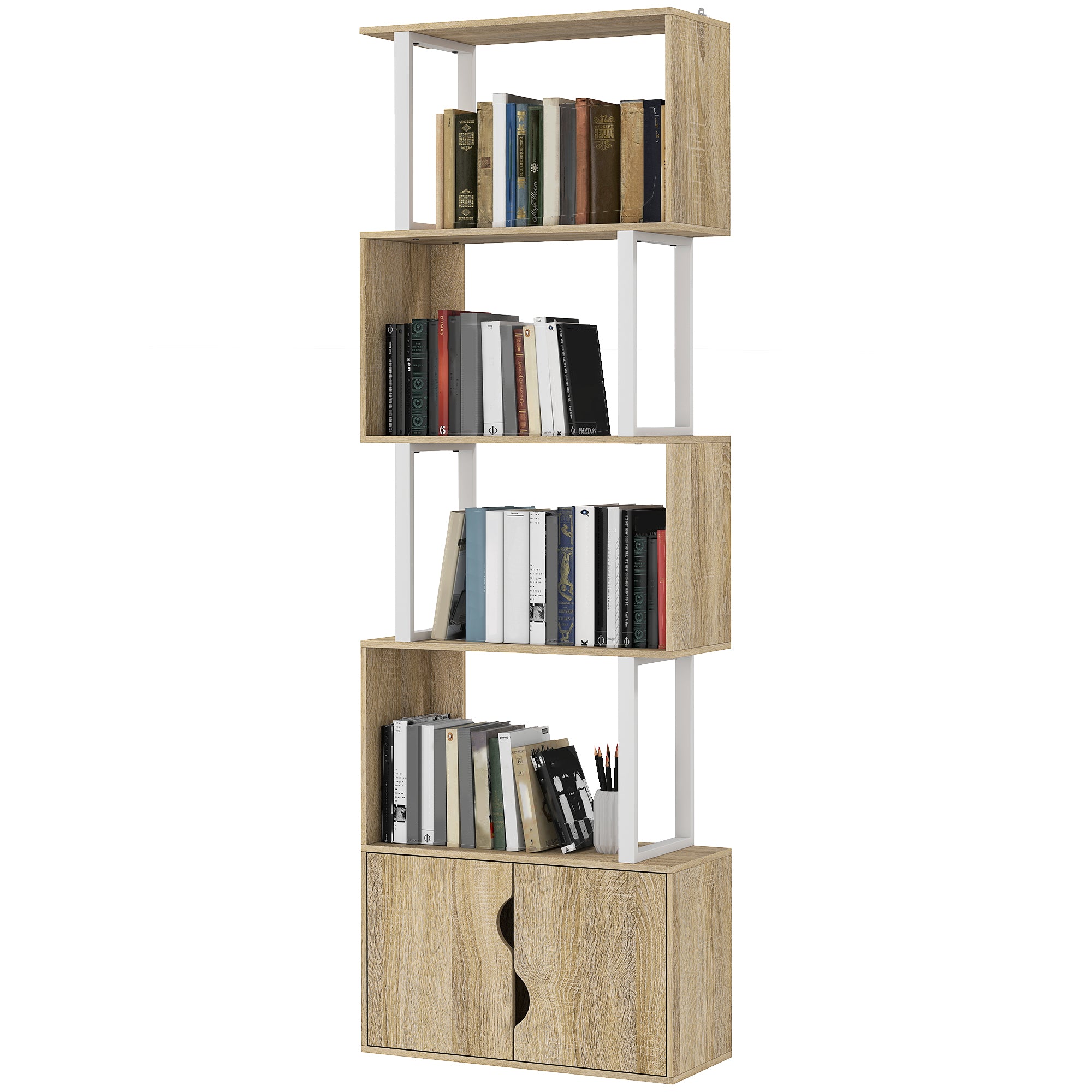 Bibliothèque à 5 niveaux, meuble de rangement en forme de S avec étagères et placard double porte, étagère de rangement pour salon, chambre bureau, 60 x 23,8 x 179,2 cm, effet bois naturel