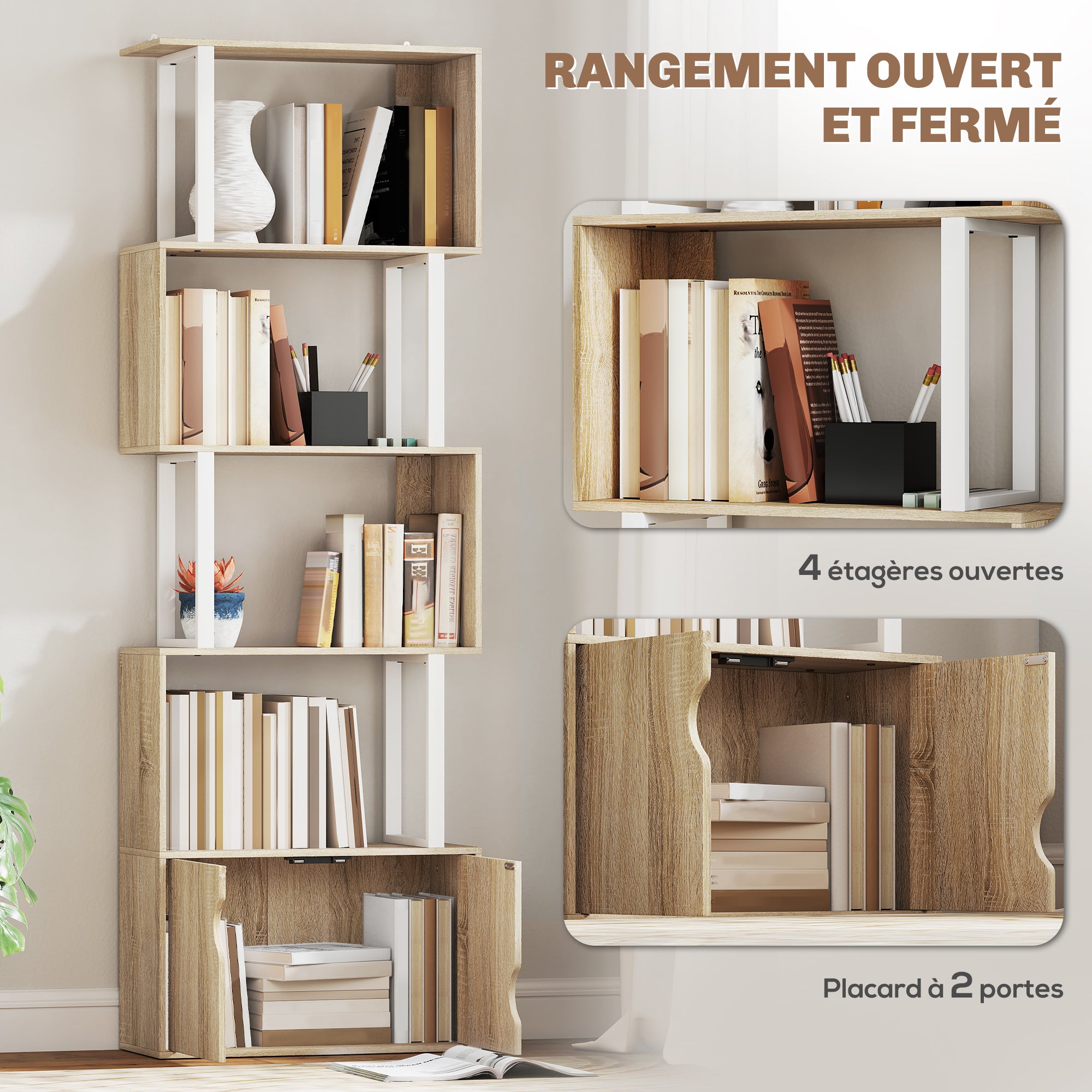 Bibliothèque à 5 niveaux, meuble de rangement en forme de S avec étagères et placard double porte, étagère de rangement pour salon, chambre bureau, 60 x 23,8 x 179,2 cm, effet bois naturel