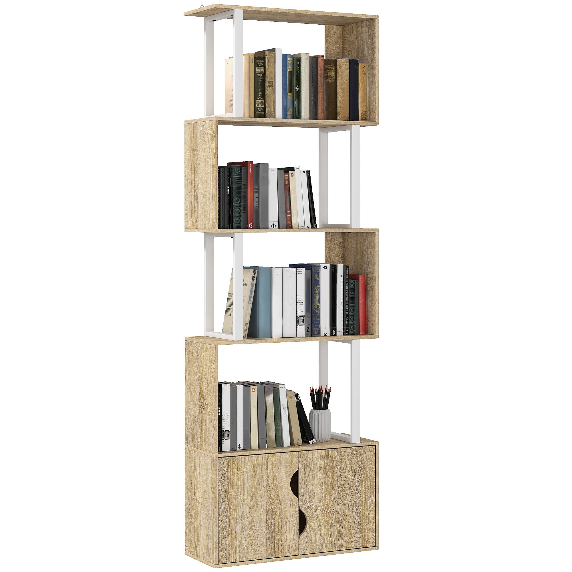Bibliothèque à 5 niveaux, meuble de rangement en forme de S avec étagères et placard double porte, étagère de rangement pour salon, chambre bureau, 60 x 23,8 x 179,2 cm, effet bois naturel
