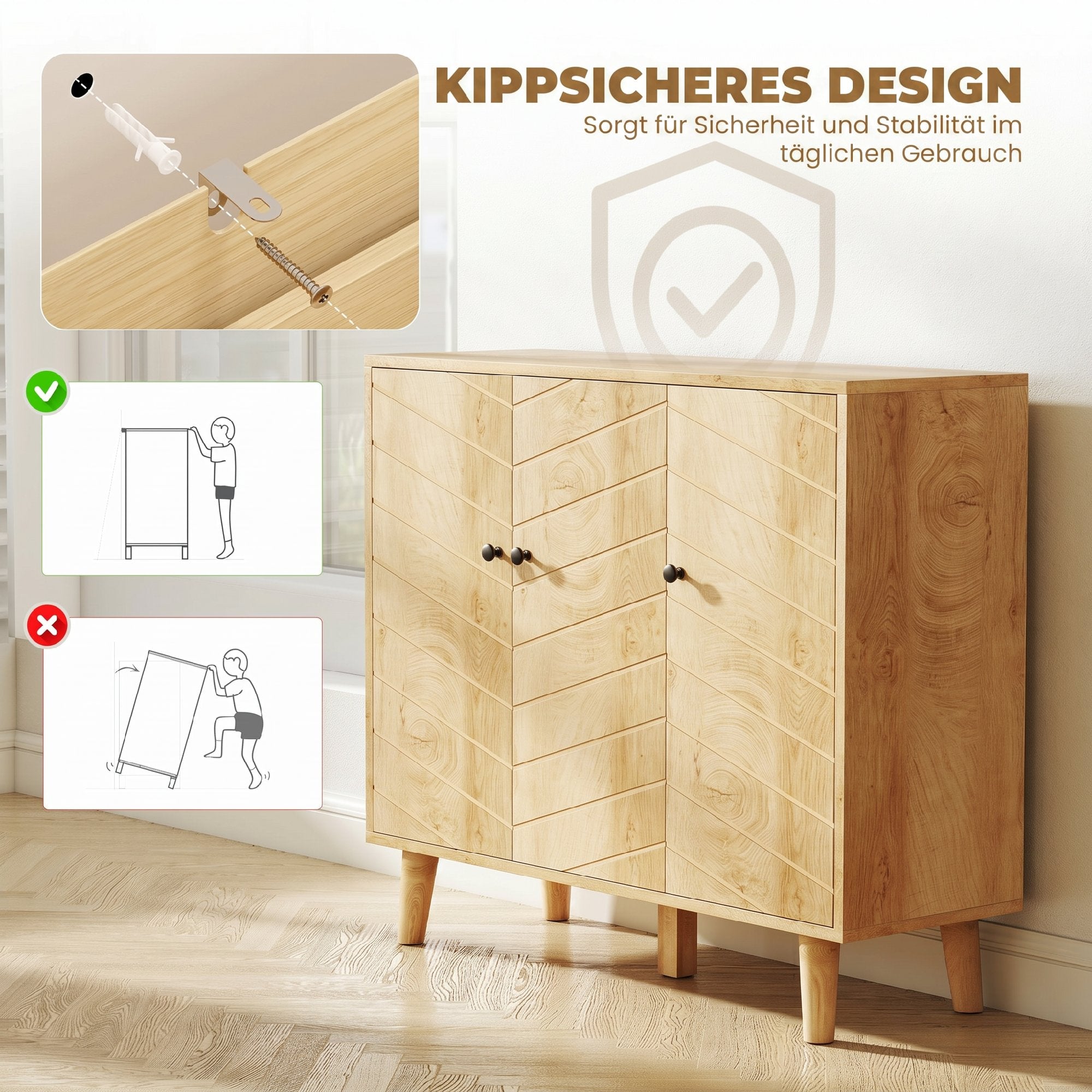 Buffet Cuisine, Meuble de Rangement avec 3 Portes à Motif Chevron et Pieds en Bois de Pin, Style Moderne, Buffet Salle à Manger, Salon et Chambre, 88,3 x 30 x 76 cm, Bois Naturel