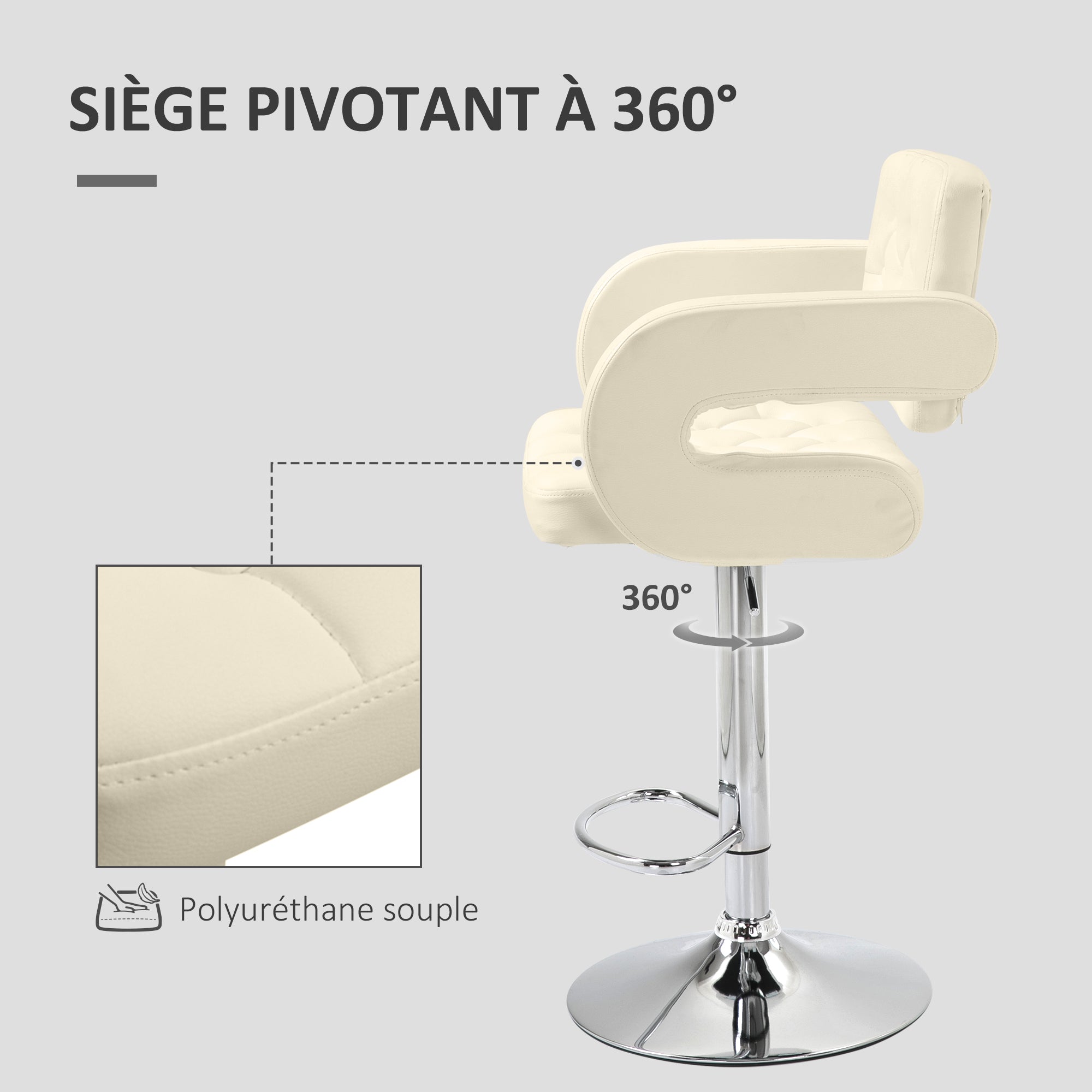 Tabouret de bar pivotant à 360°, chaise de bar réglable en hauteur avec dossier rembourrée, repose-pieds et accoudoirs, chaise haute cuisine en PU et métal pour salle à manger, comptoir, blanc