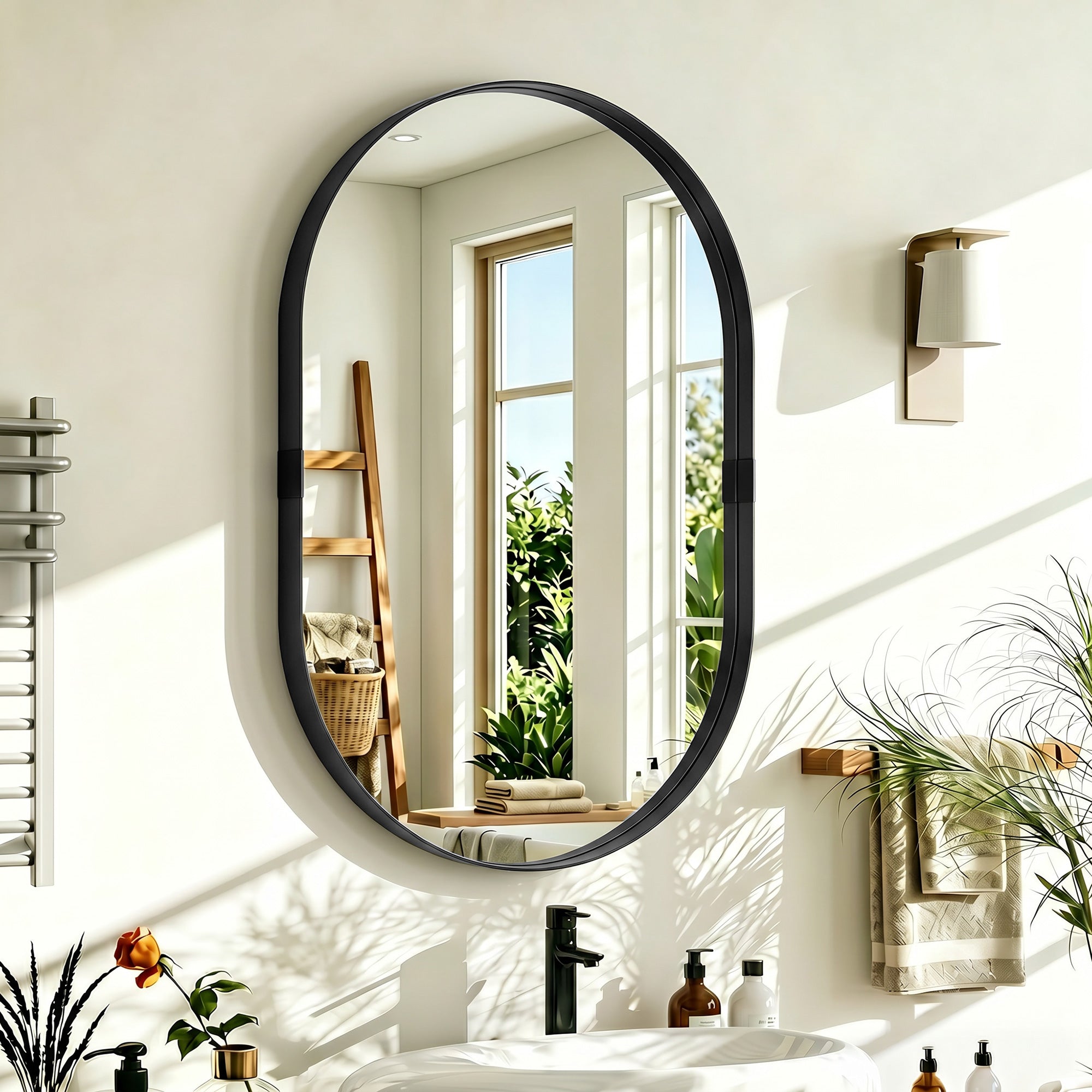 Miroir mural, miroir décoratif 60 x 90 cm en verre trempé et cadre en aluminium, pour salle de bain, chambre, salon, couloir, noir