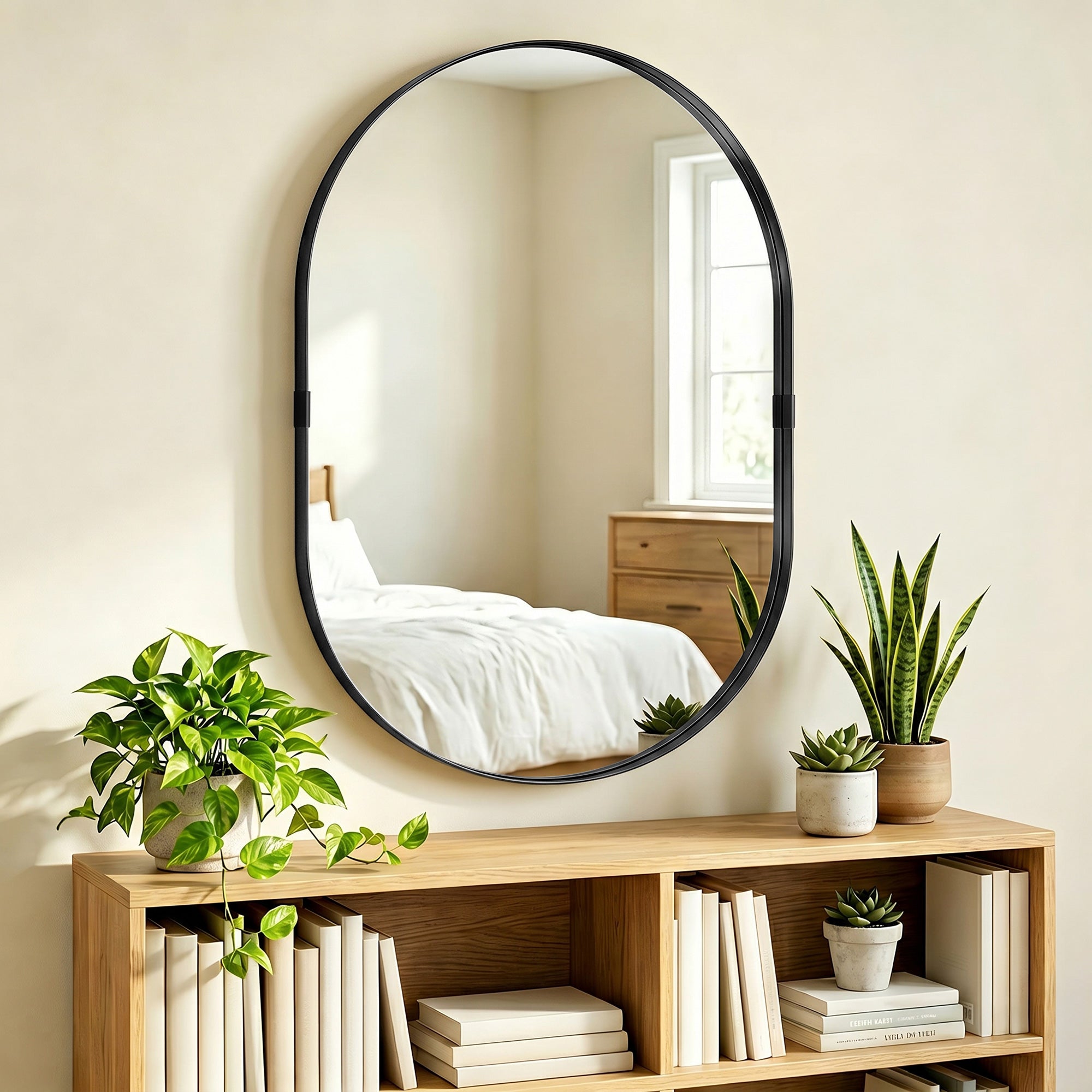 Miroir mural, miroir décoratif 60 x 90 cm en verre trempé et cadre en aluminium, pour salle de bain, chambre, salon, couloir, noir