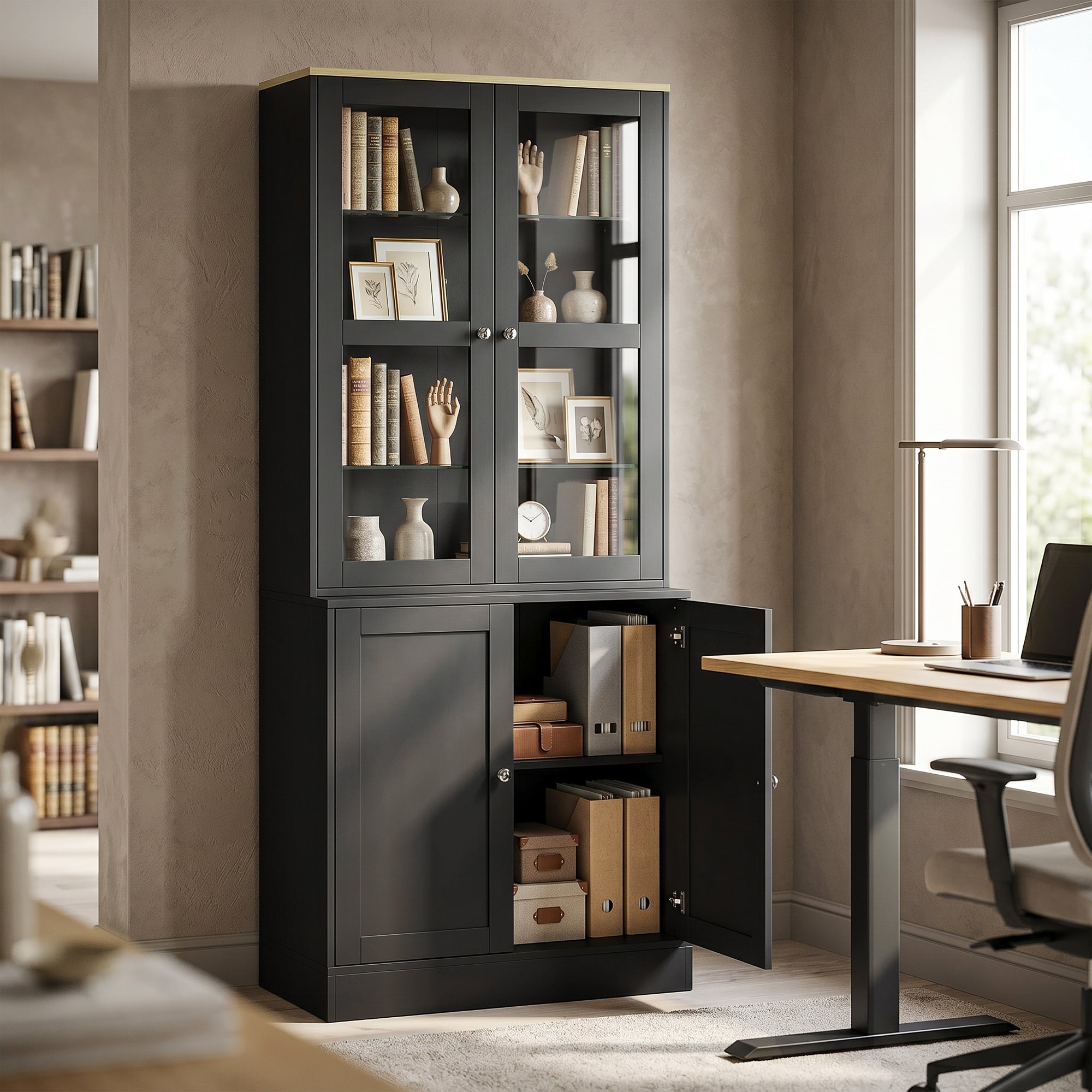 Bibliothèque vitrine, meuble de rangement à 6 niveaux avec 4 portes dont 2 en verre trempé, étagères réglables, style moderne, pour salon, bureau, chambre, 76 x 40 x 179 cm, noir