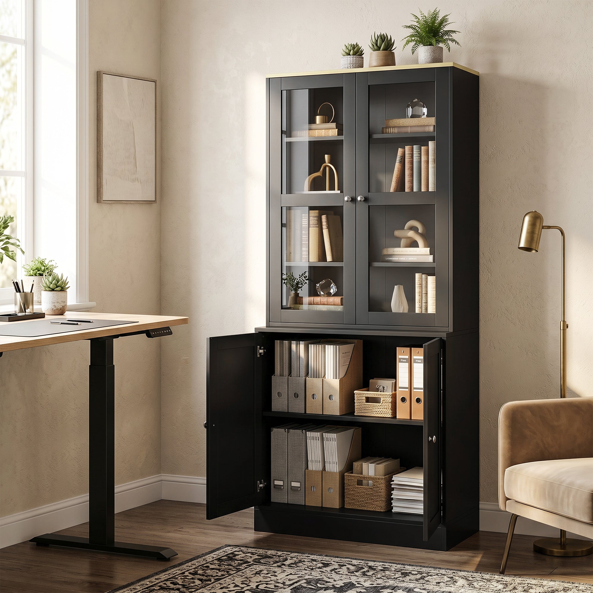 Bibliothèque vitrine, meuble de rangement à 6 niveaux avec 4 portes dont 2 en verre trempé, étagères réglables, style moderne, pour salon, bureau, chambre, 76 x 40 x 179 cm, noir