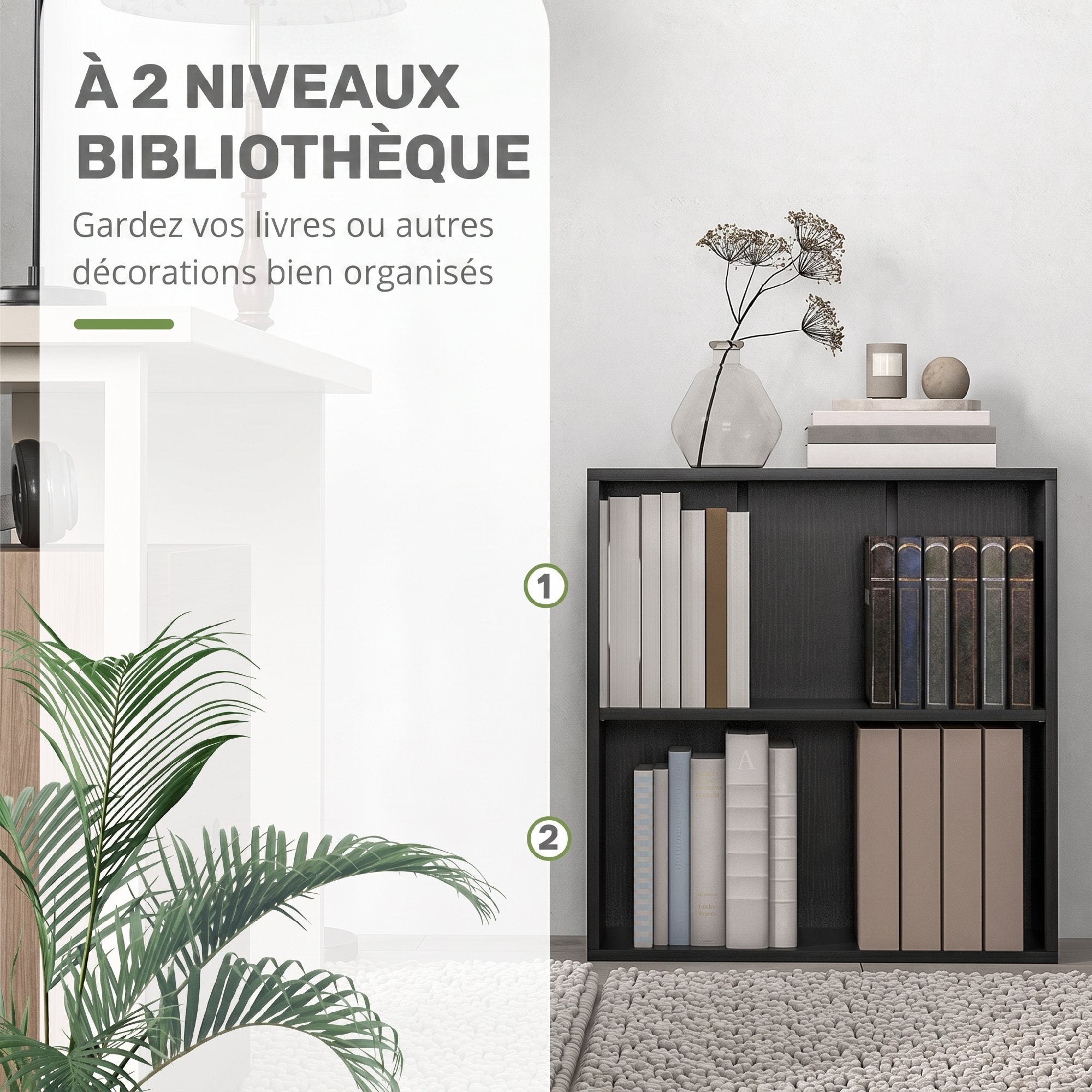 Bibliothèque étagère de rangement avec 2 compartiments et étagère réglable, meuble de rangement pour bureau, salon, chambre, 60 x 24 x 63 cm, noir