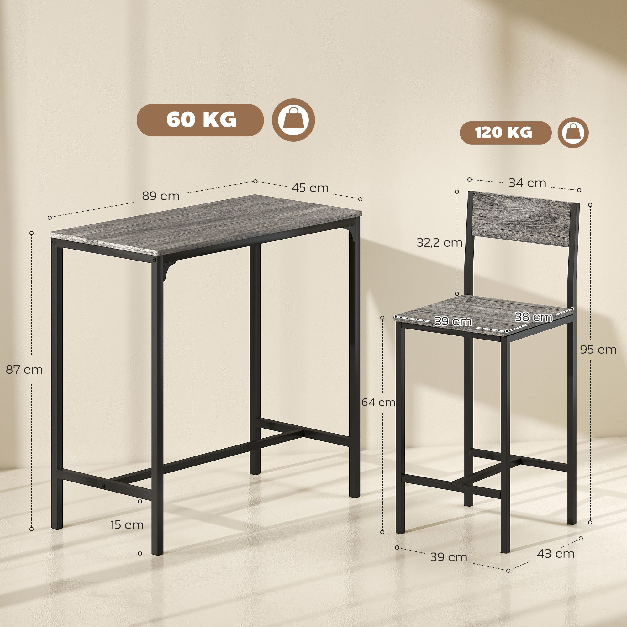 Ensemble table de bar avec tabourets, table à manger debout avec 2 chaises de bar, repose-pieds et dossiers, style industriel, cadre en métal, pour cuisine, salle à manger et salon, gris