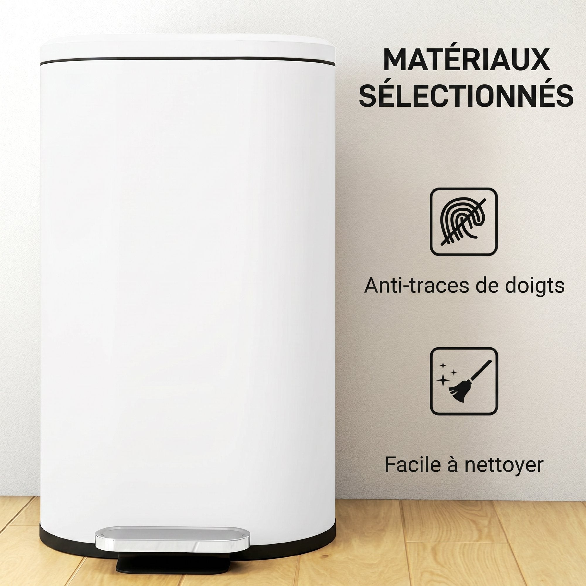 Poubelle cuisine 30L, poubelle à pédale rectangulaire avec seau intérieur amovible, couvercle à fermeture douce 90° et maintien en ouverture, anti-traces, pour bureau et maison, blanc