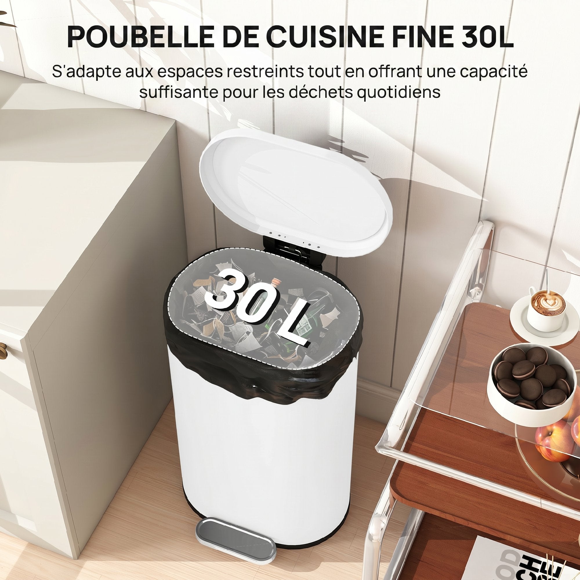 Poubelle cuisine 30L, poubelle à pédale rectangulaire avec seau intérieur amovible, couvercle à fermeture douce 90° et maintien en ouverture, anti-traces, pour bureau et maison, blanc