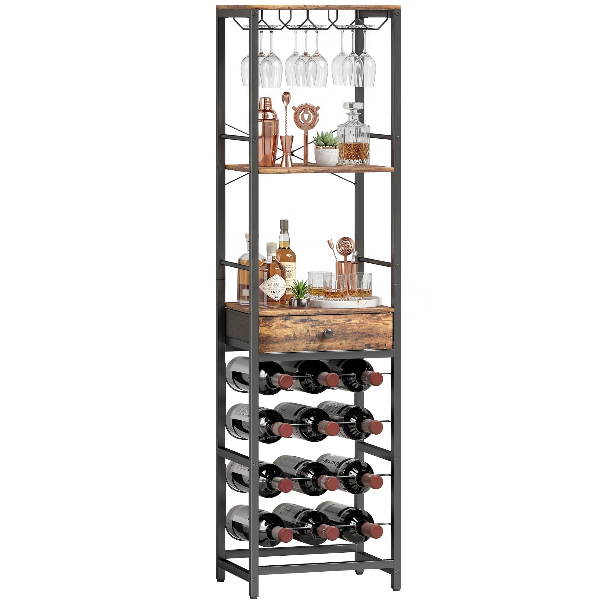 Casier à bouteilles pour 12 bouteilles, casier à vin avec étagère ouverte et tiroir, style industriel, étagère à vin en métal pour cuisine, salon, bar, 40 x 30 x 148 cm, brun rustique