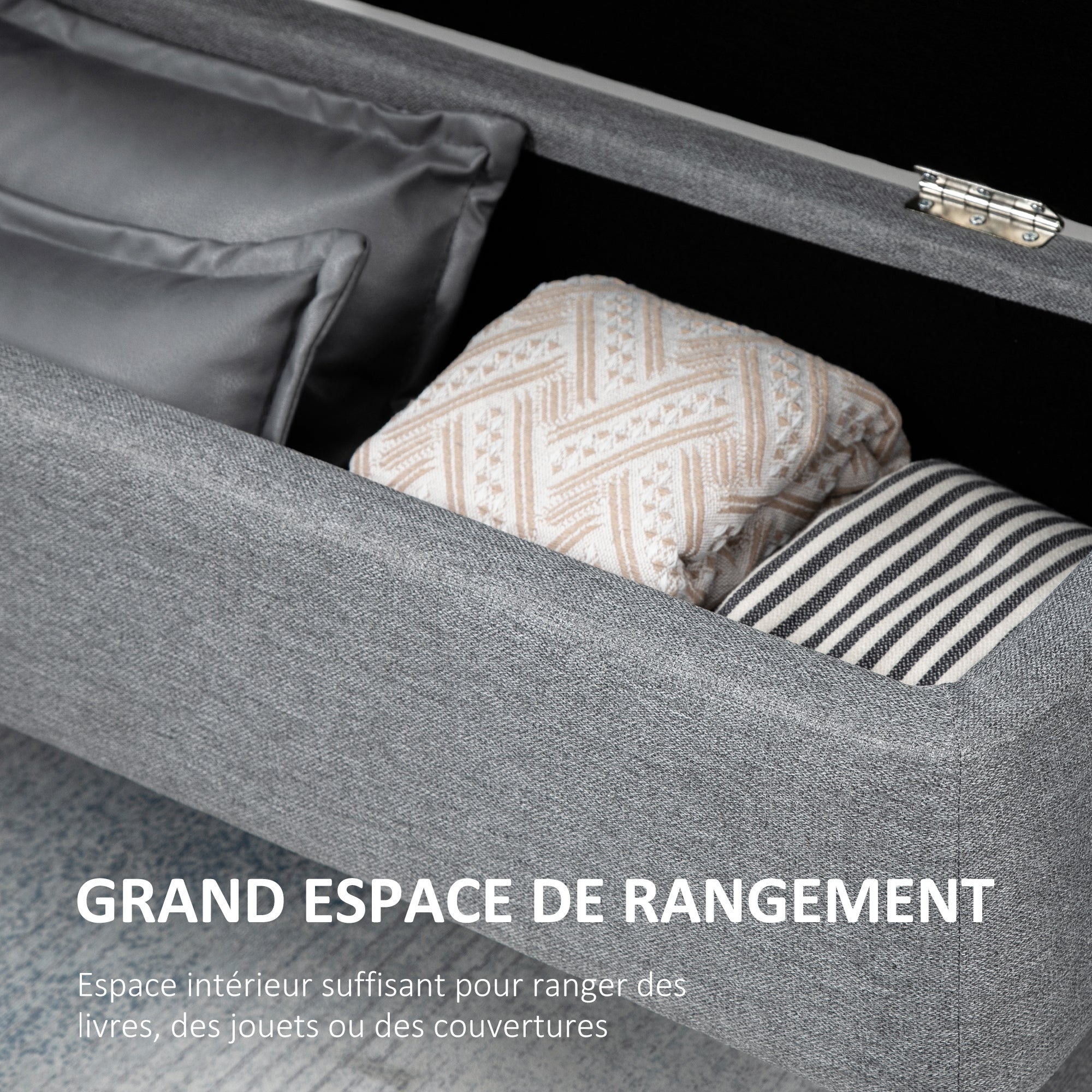 Banc de rangement, bout de lit, coffre de rangement en tissu avec pieds en acier noir, 101 x 38,5 x 44,5 cm, gris