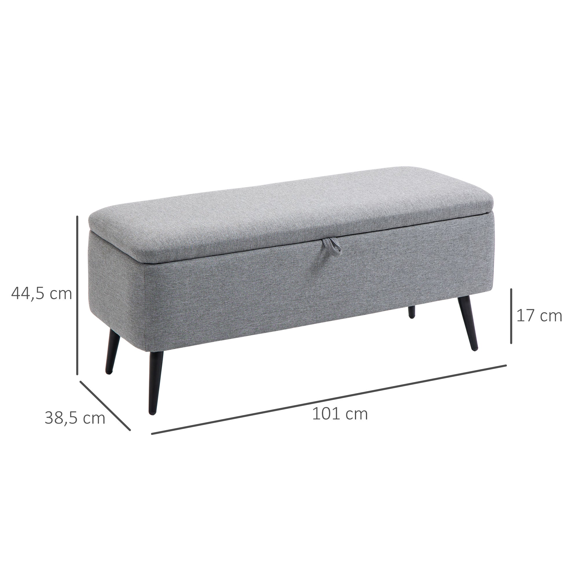 Banc de rangement, bout de lit, coffre de rangement en tissu avec pieds en acier noir, 101 x 38,5 x 44,5 cm, gris
