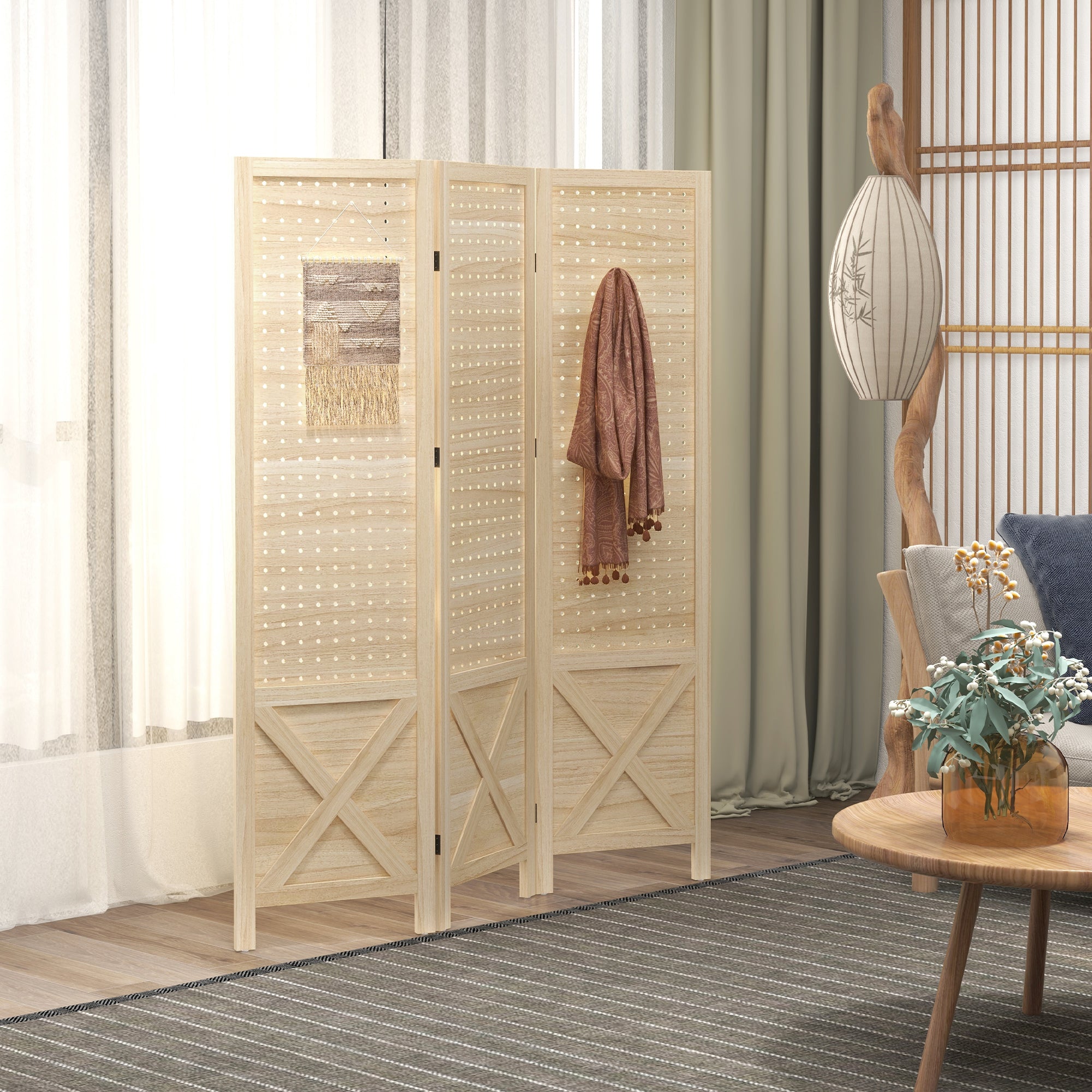 Paravent intérieur en bois, 3 panneaux, 114 x 144,5 cm, panneau perforé, séparateur de pièce pliable, Panneau perforé pour salon, chambre à coucher, maison, bois naturel