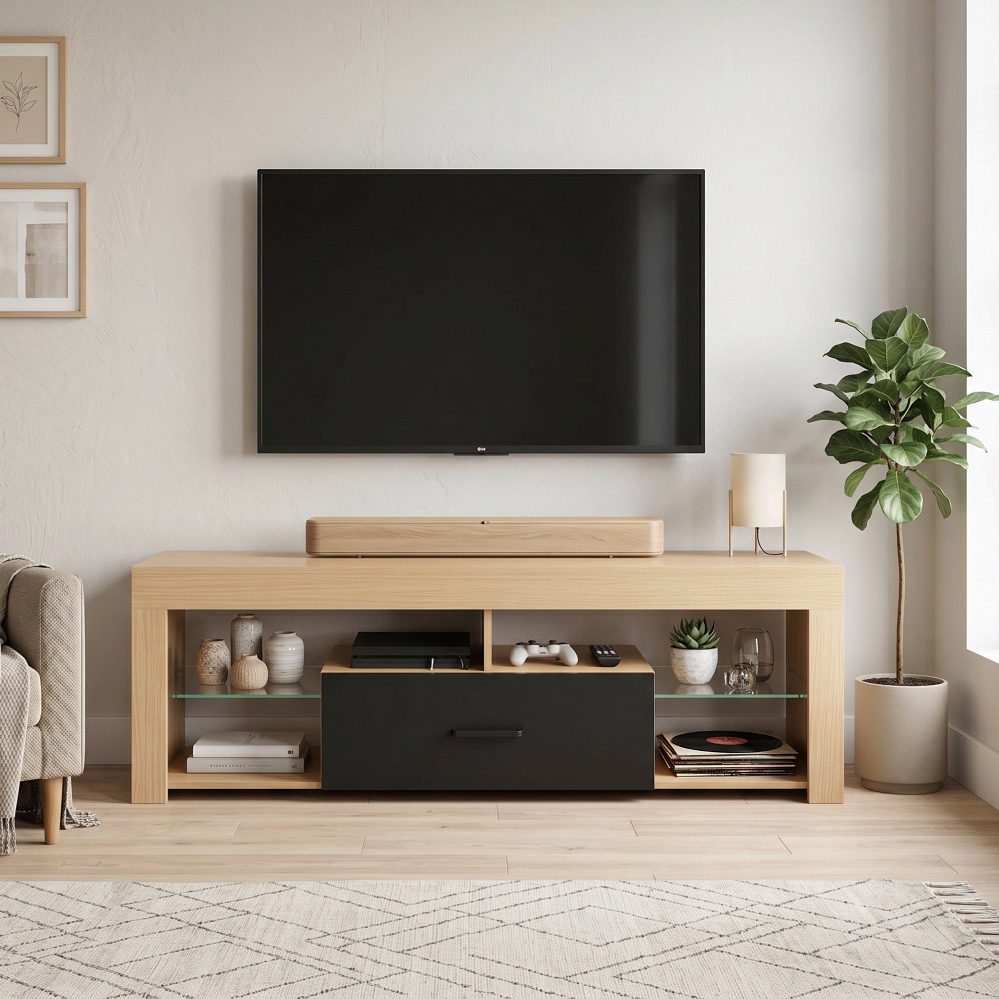 Meuble TV 140 cm, Meuble Télé pour Téléviseur jusqu'à 65 Pouces avec Étagères en Verre Réglables, Tiroir et Compartiments Ouverts, Banc TV Moderne pour Salon, Chambre à Coucher, Chêne