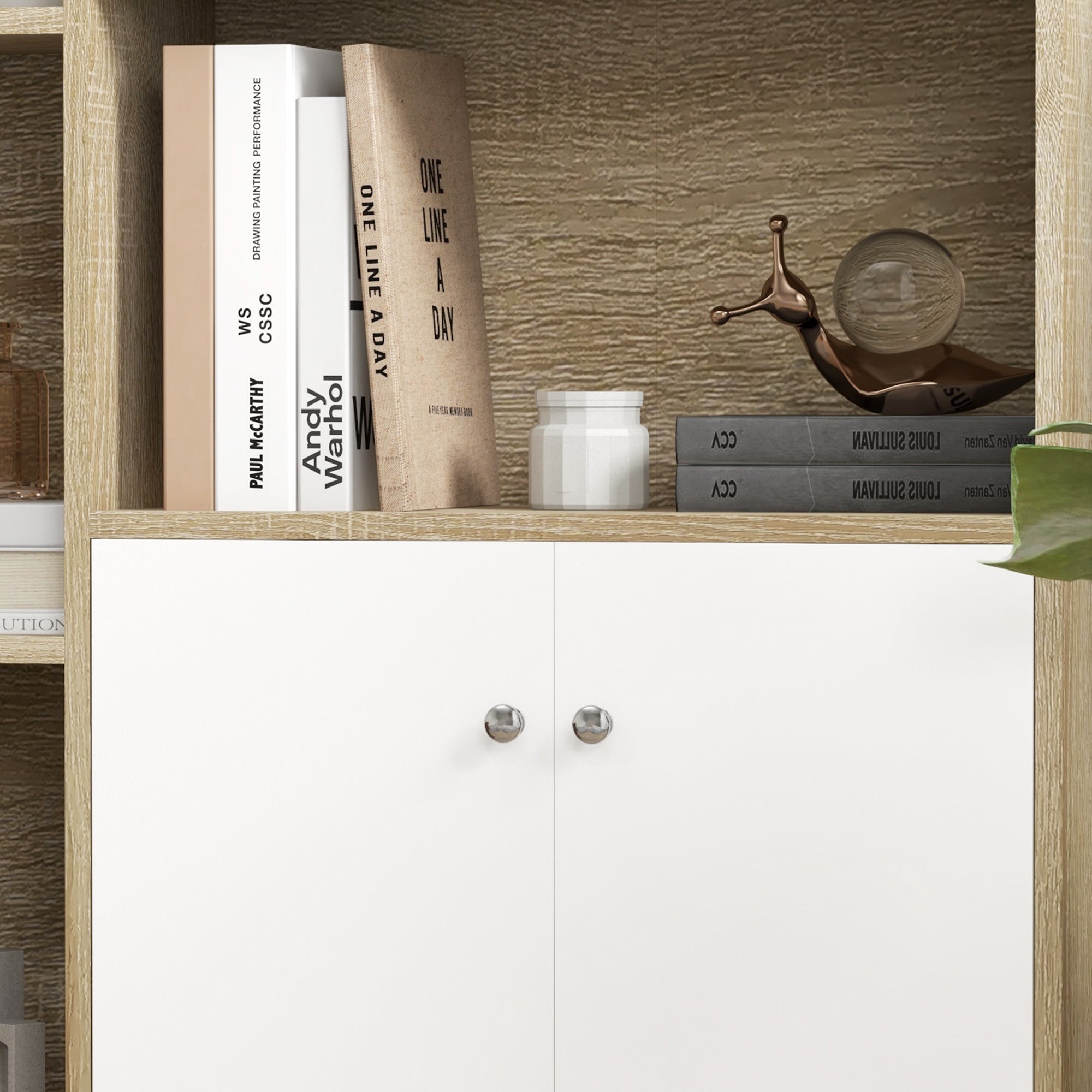 Bibliothèque scandinave meuble de rangement dim. 80L x 23,5l x 123H cm 5 niches placard 2 portes pieds effilés inclinés bois massif Chêne