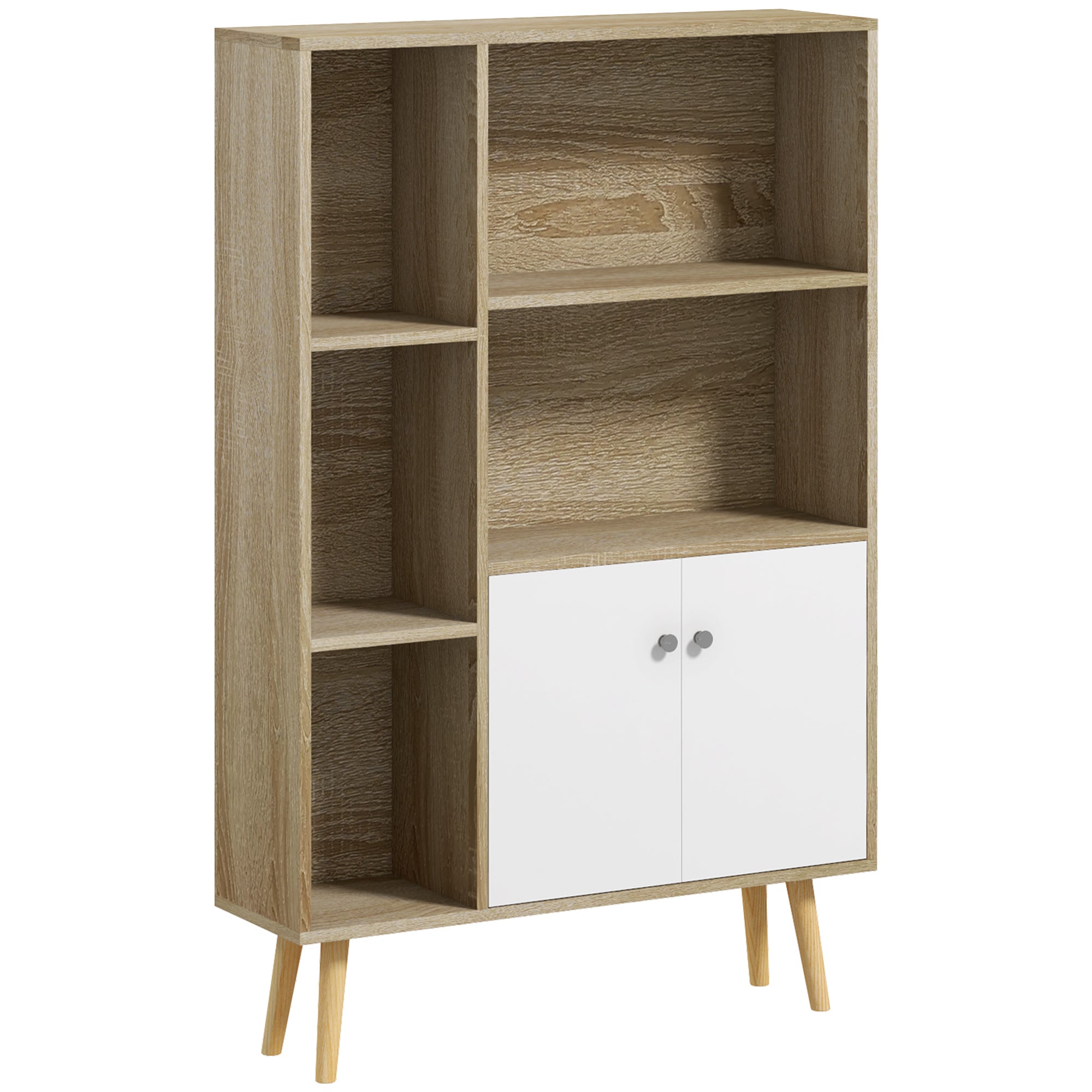 Bibliothèque scandinave meuble de rangement dim. 80L x 23,5l x 123H cm 5 niches placard 2 portes pieds effilés inclinés bois massif Chêne