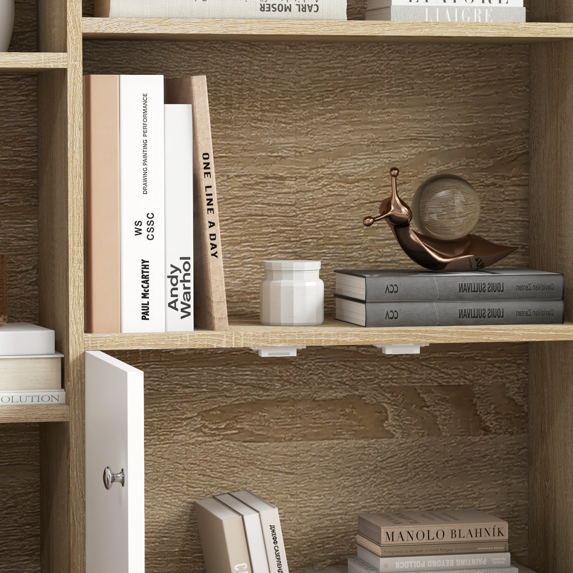 Bibliothèque scandinave meuble de rangement dim. 80L x 23,5l x 123H cm 5 niches placard 2 portes pieds effilés inclinés bois massif Chêne