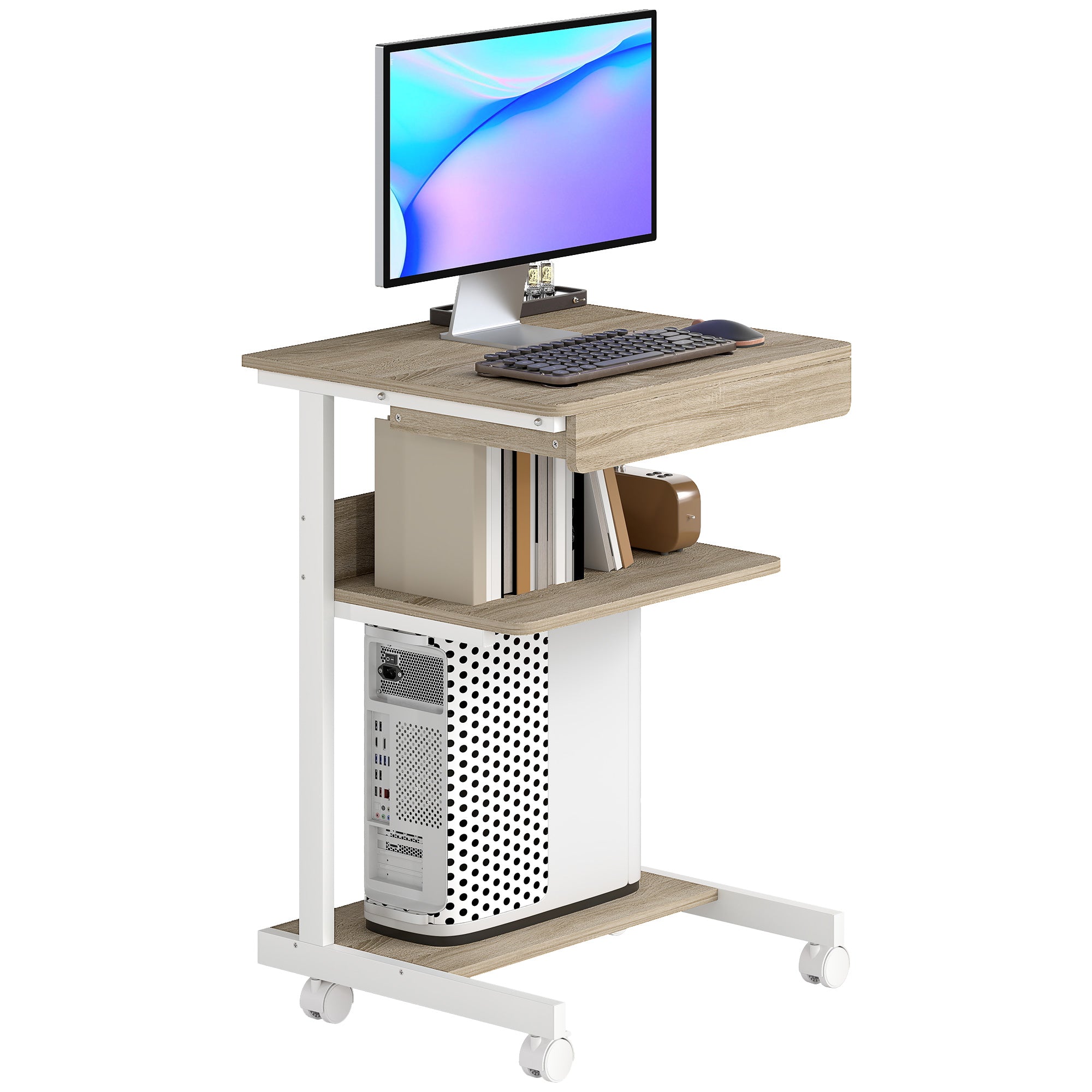 Bureau d'ordinateur sur roues, bureau avec rangement 56 x 51 cm avec tiroir, compartiment et support CPU, table informatique pour étudier pour petits espaces chambre, chêne