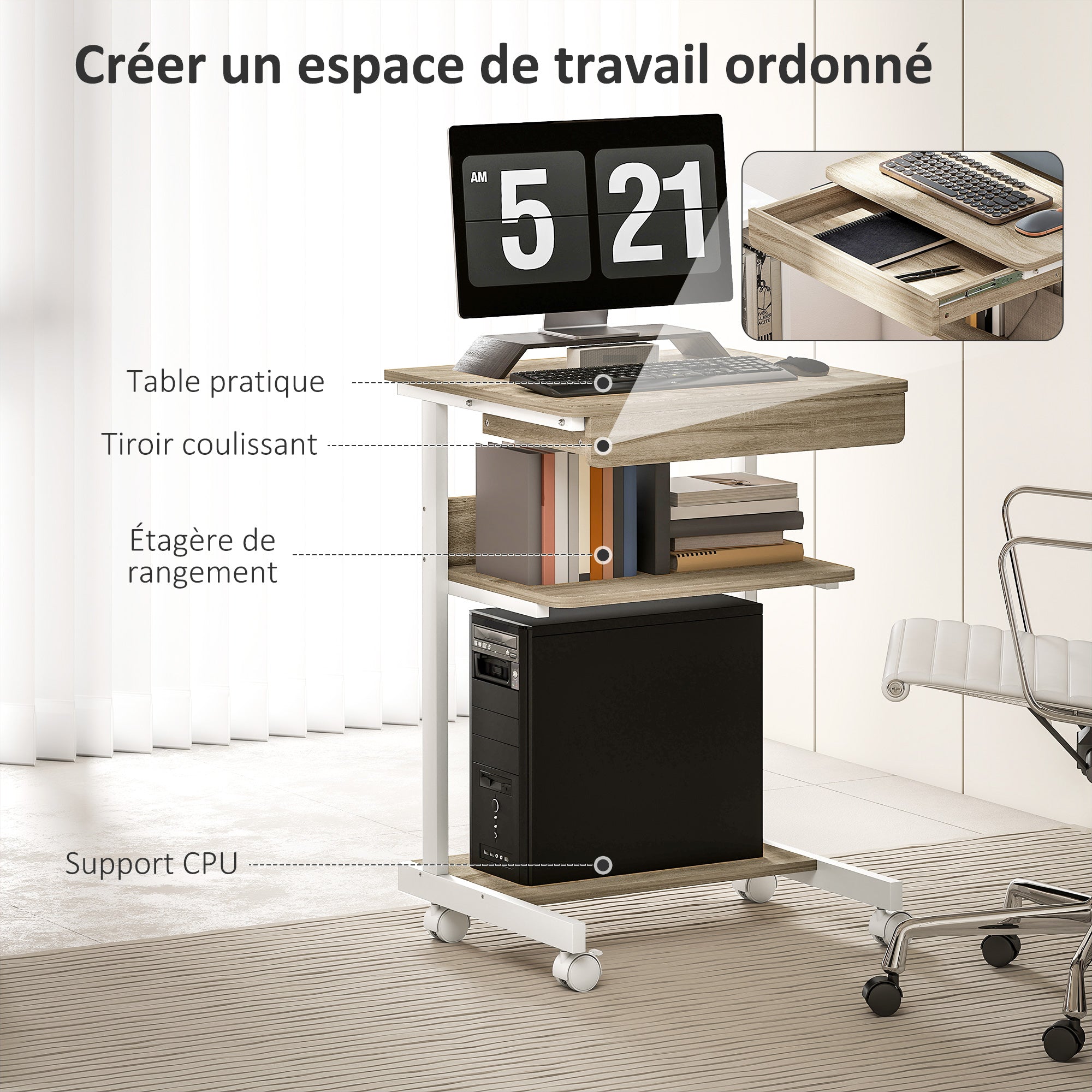 Bureau d'ordinateur sur roues, bureau avec rangement 56 x 51 cm avec tiroir, compartiment et support CPU, table informatique pour étudier pour petits espaces chambre, chêne