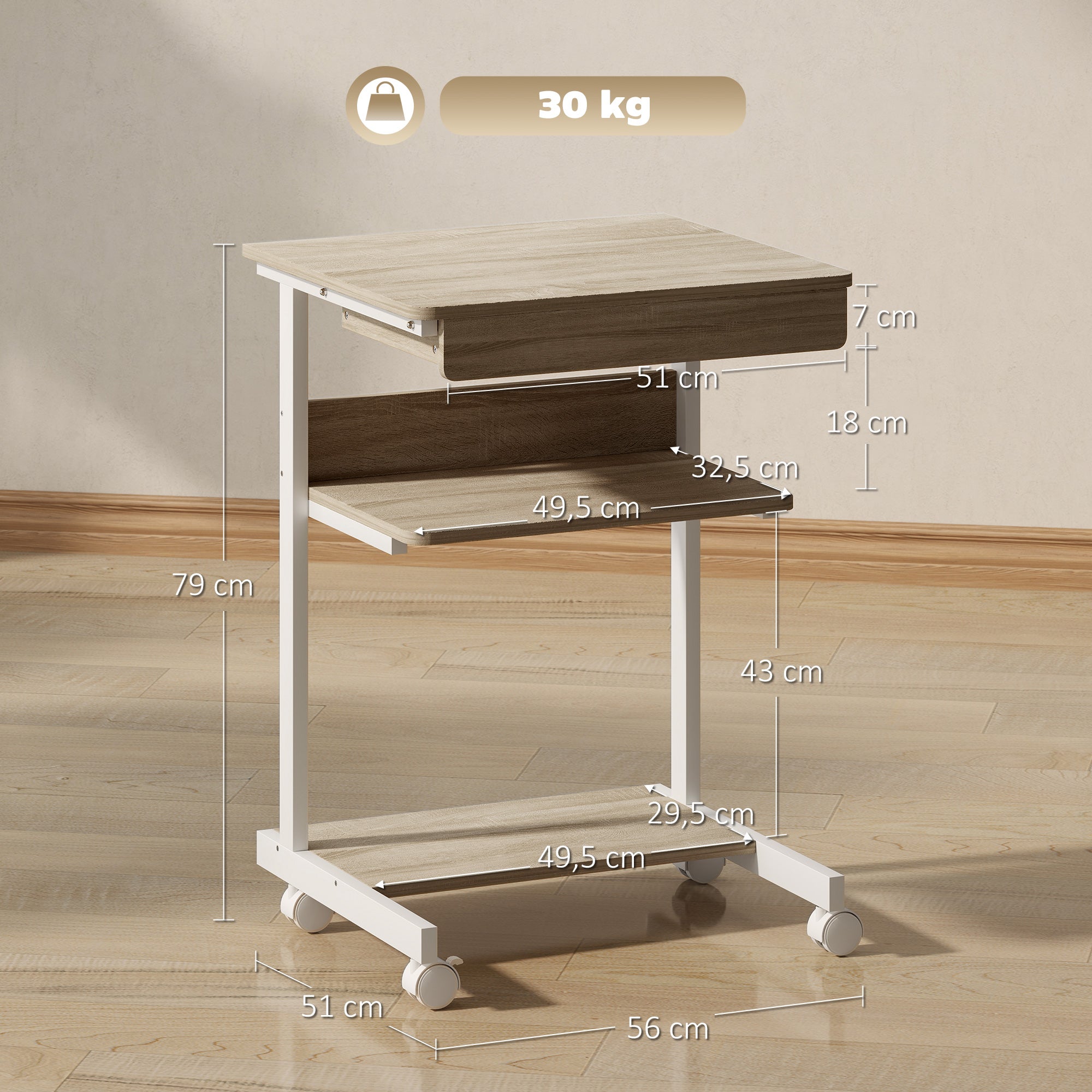Bureau d'ordinateur sur roues, bureau avec rangement 56 x 51 cm avec tiroir, compartiment et support CPU, table informatique pour étudier pour petits espaces chambre, chêne