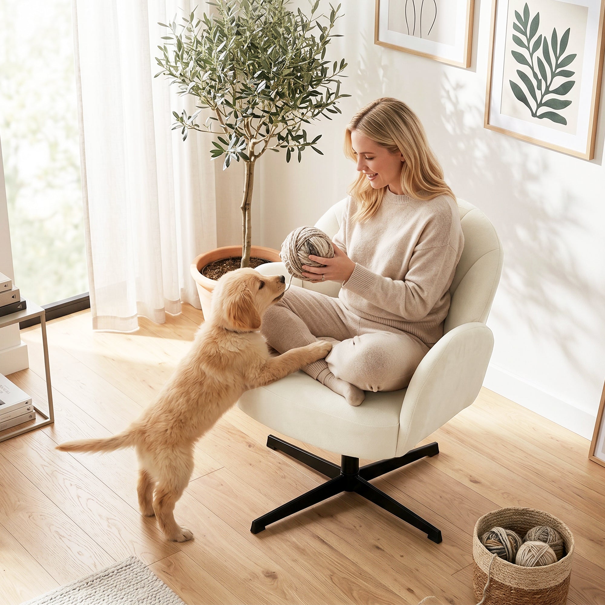 Fauteuil salon pivotant, fauteuil coquillage rembourré en velours avec coussin à ressorts, base en acier, chaise coiffeuse moderne, pour chambre, coins lecture, beige
