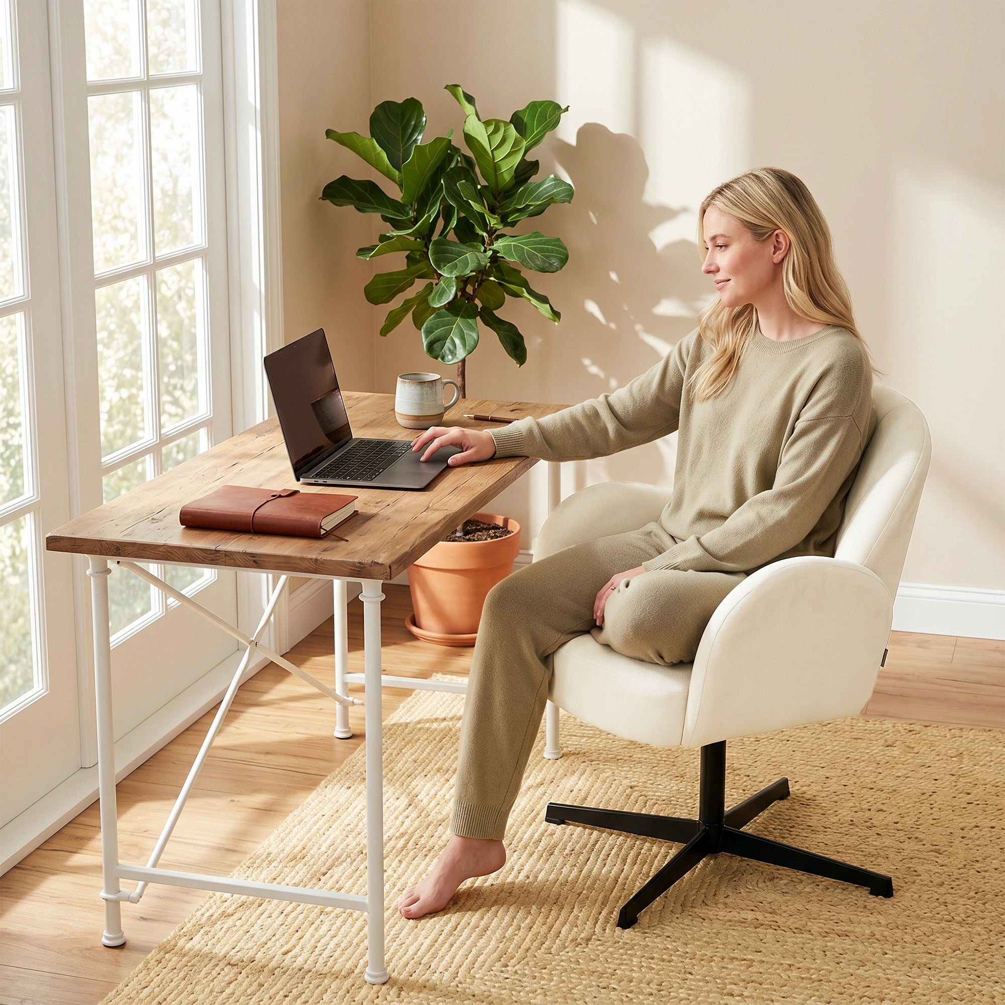 Fauteuil salon pivotant, fauteuil coquillage rembourré en velours avec coussin à ressorts, base en acier, chaise coiffeuse moderne, pour chambre, coins lecture, beige