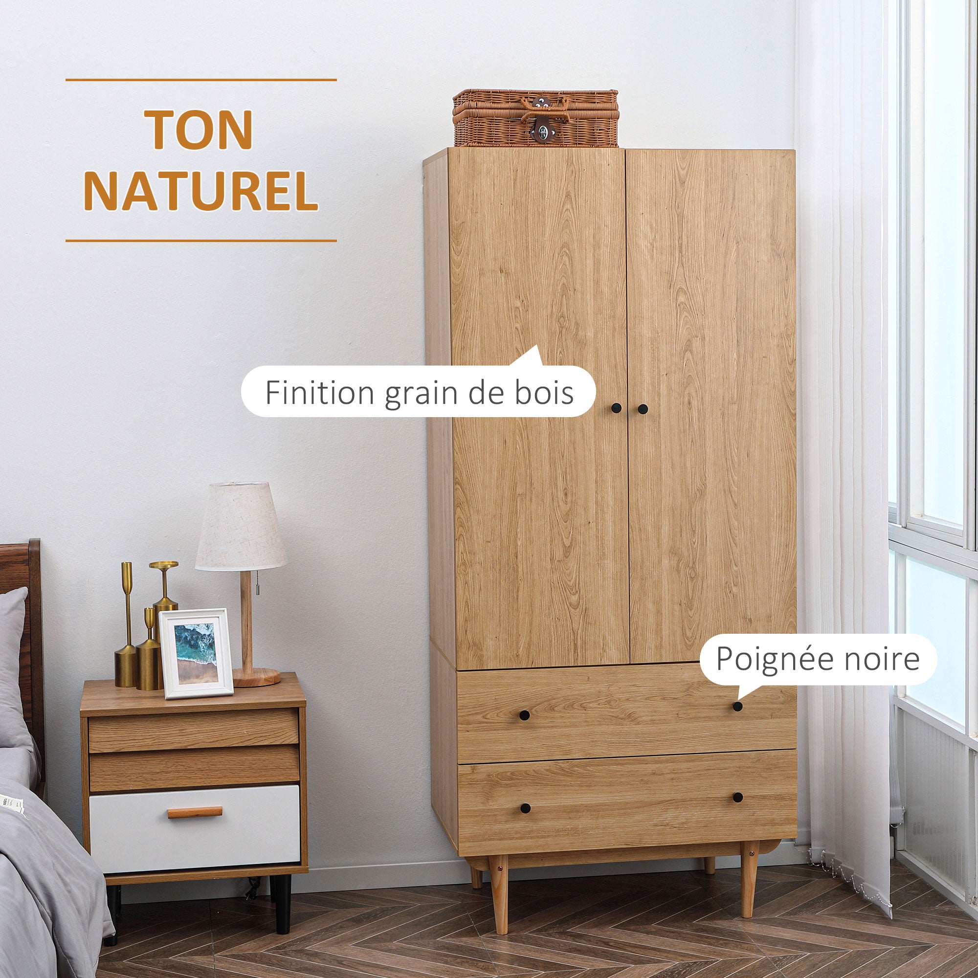 Armoire Chambre Adulte Penderie Vêtement Dressing avec 2 Portes, 2 tiroirs - 80 x 52 x 180 cm - Aspect Bois
