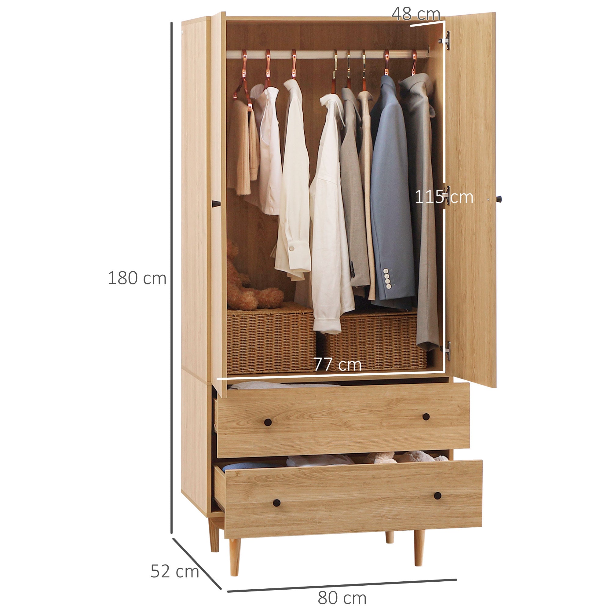 Armoire Chambre Adulte Penderie Vêtement Dressing avec 2 Portes, 2 tiroirs - 80 x 52 x 180 cm - Aspect Bois