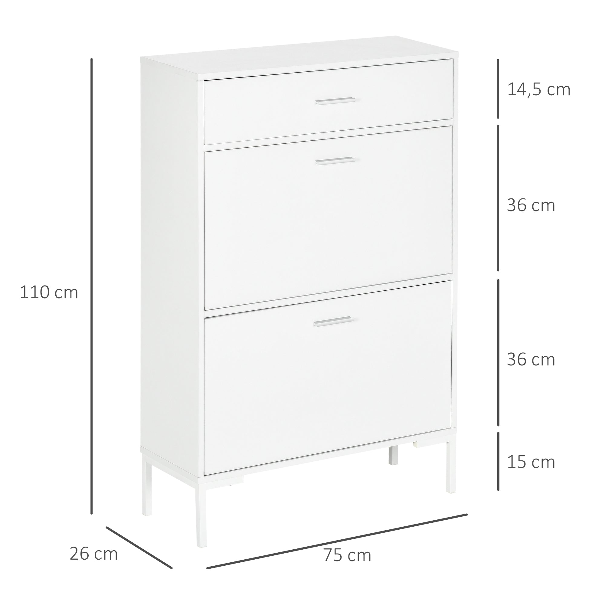 Meuble à chaussures 12 paires, armoire à chaussures étroite avec 2 tiroirs rabattables, 1 tiroir et étagères réglables, style moderne, pour couloir, entrée, 75 x 26 x 110 cm, blanc
