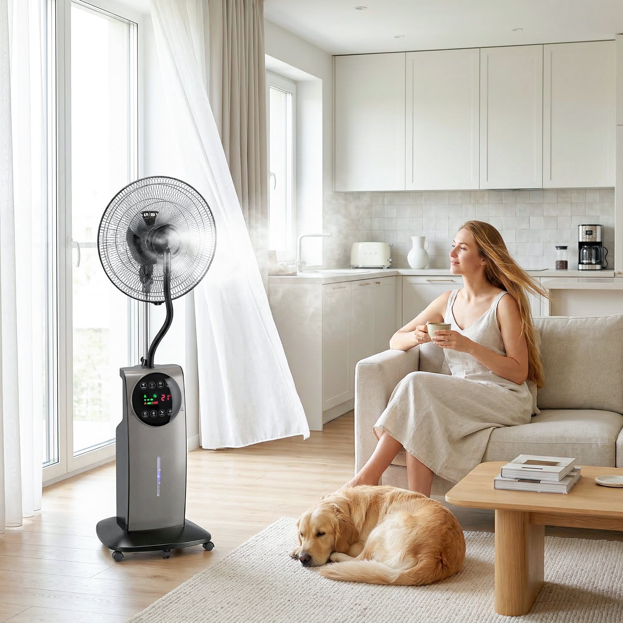 Ventilateur brumisateur silencieux 90W, ventilateur sur pied 138cm, oscillation 70°, 3 vitesses, 3 modes, ionisation négative, antimoustique, réservoir d'eau 3,1L, télécommande et minuterie 12h