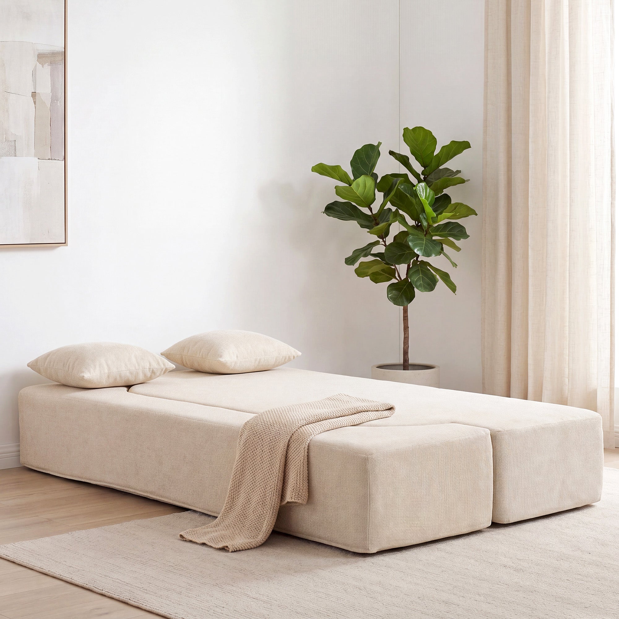 Canapé Convertible 2 Places, Canapé-Lit en Chenille 190cm, Dossier Rabattable, Assise et Accoudoirs Larges, 2 Oreillers, Entièrement Compressé Pas d'Assemblage, pour Salon, Chambre, Beige