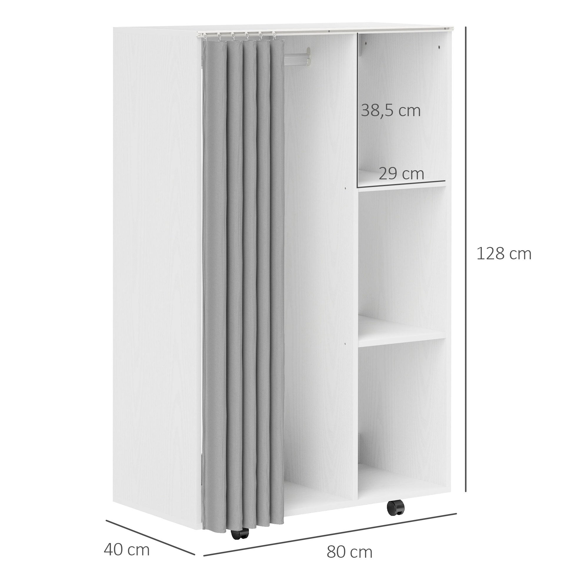 Armoire penderie meuble de rangement mobile 4 roulettes avec tringle à vêtements et étagères ouvertes, penderie vêtement dressing roulant pour chambre à coucher, dim. 80 x 40 x 128 cm, blanc