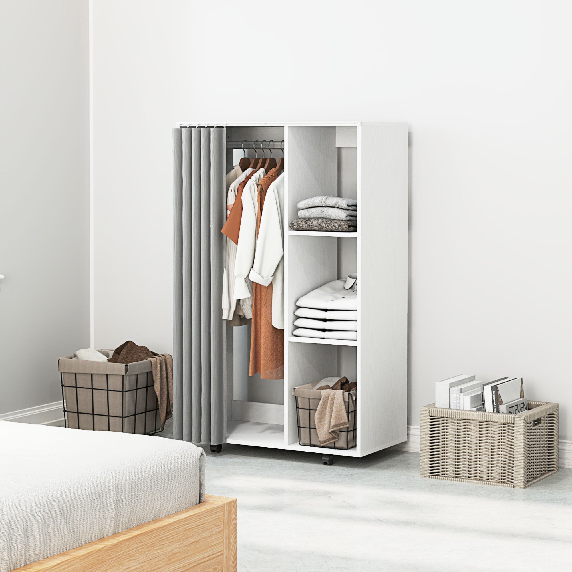 Armoire penderie meuble de rangement mobile 4 roulettes avec tringle à vêtements et étagères ouvertes, penderie vêtement dressing roulant pour chambre à coucher, dim. 80 x 40 x 128 cm, blanc