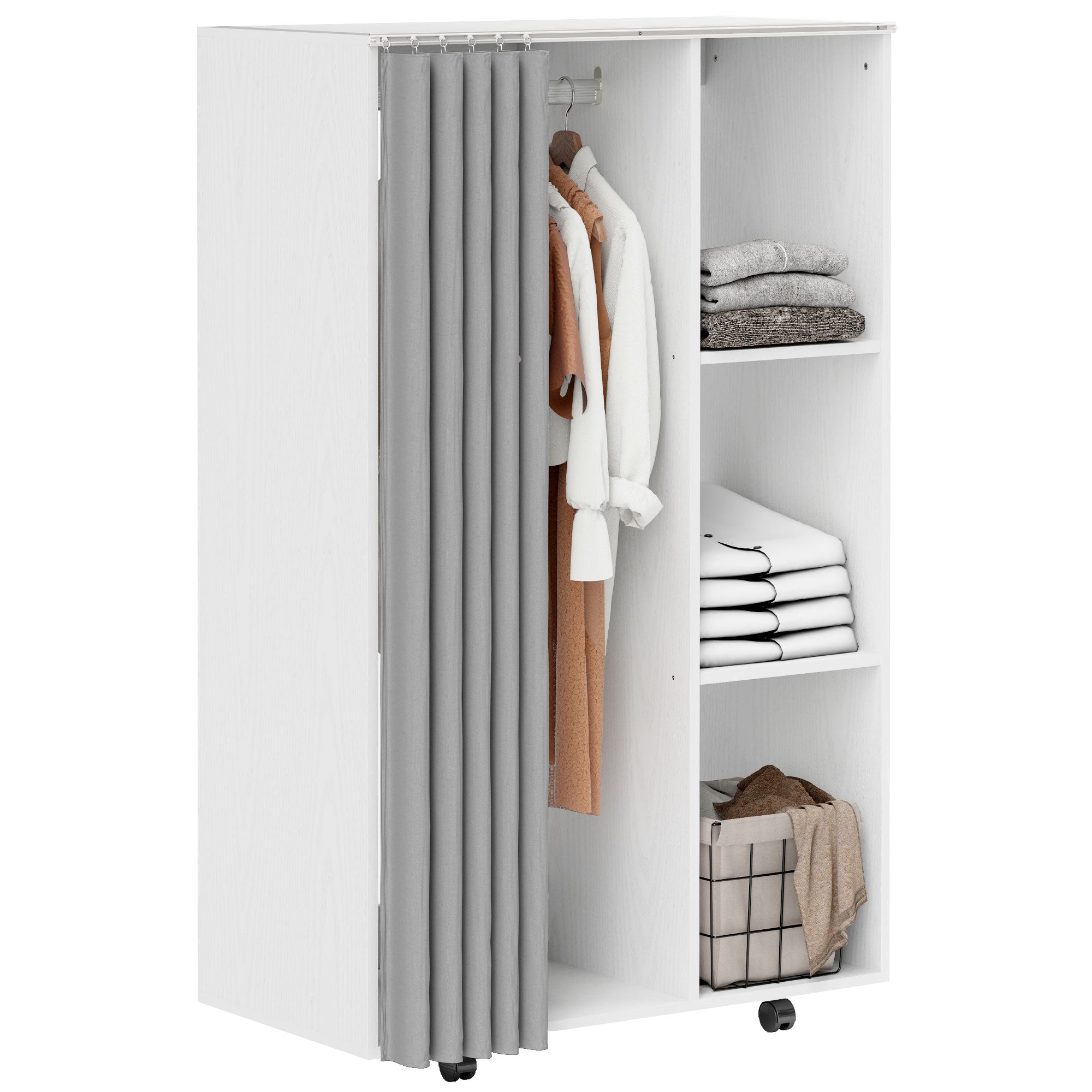 Armoire penderie meuble de rangement mobile 4 roulettes avec tringle à vêtements et étagères ouvertes, penderie vêtement dressing roulant pour chambre à coucher, dim. 80 x 40 x 128 cm, blanc