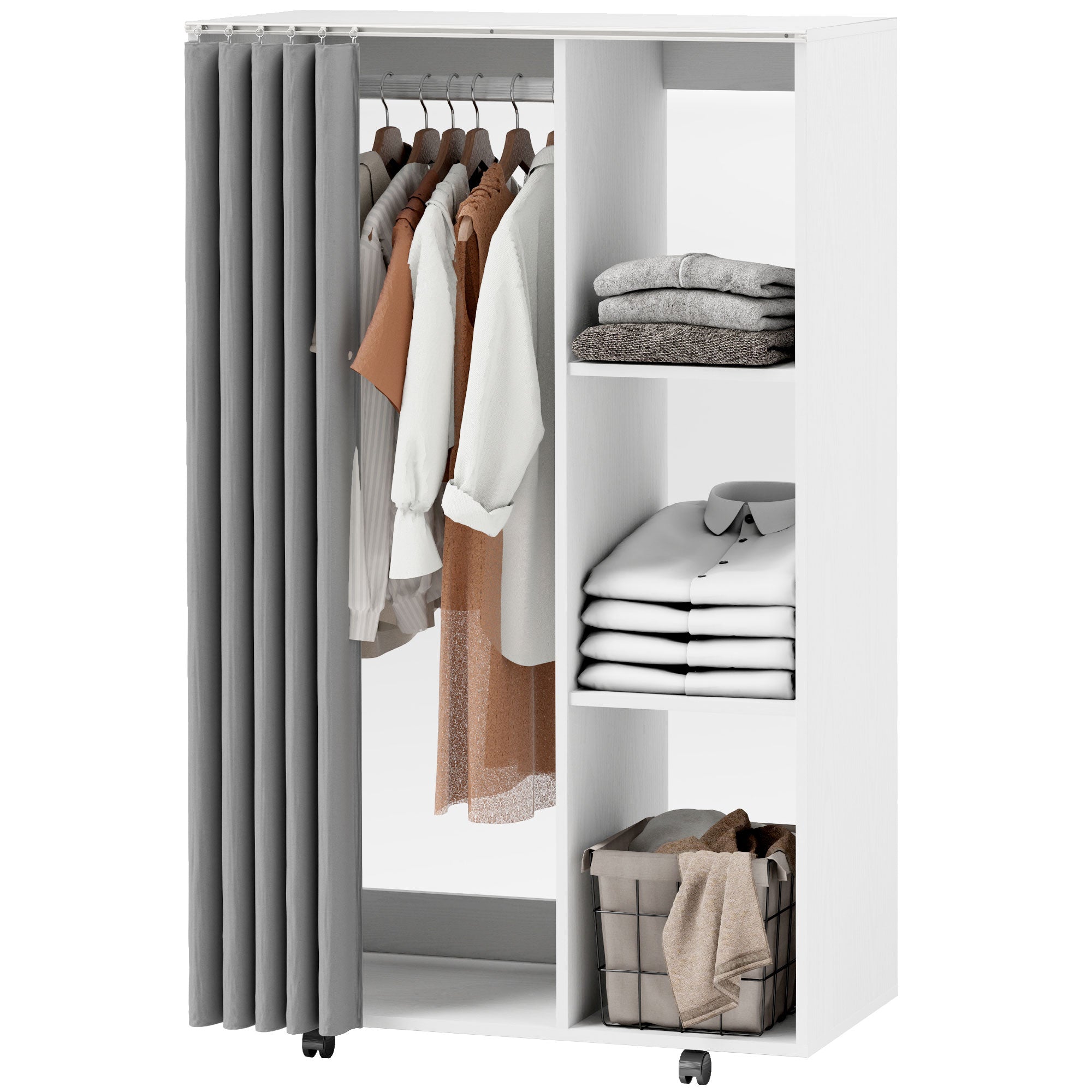 Armoire penderie meuble de rangement mobile 4 roulettes avec tringle à vêtements et étagères ouvertes, penderie vêtement dressing roulant pour chambre à coucher, dim. 80 x 40 x 128 cm, blanc