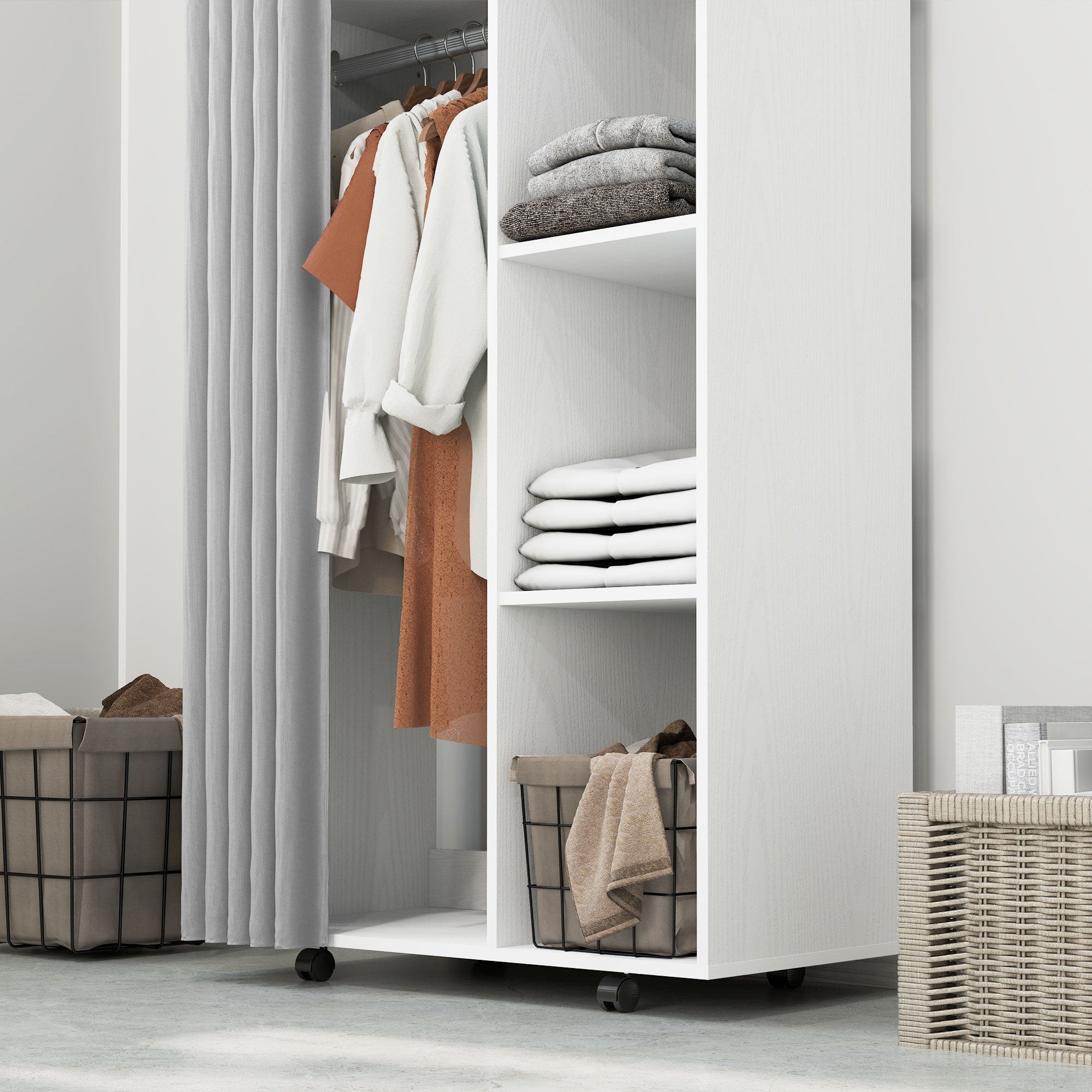 Armoire penderie meuble de rangement mobile 4 roulettes avec tringle à vêtements et étagères ouvertes, penderie vêtement dressing roulant pour chambre à coucher, dim. 80 x 40 x 128 cm, blanc