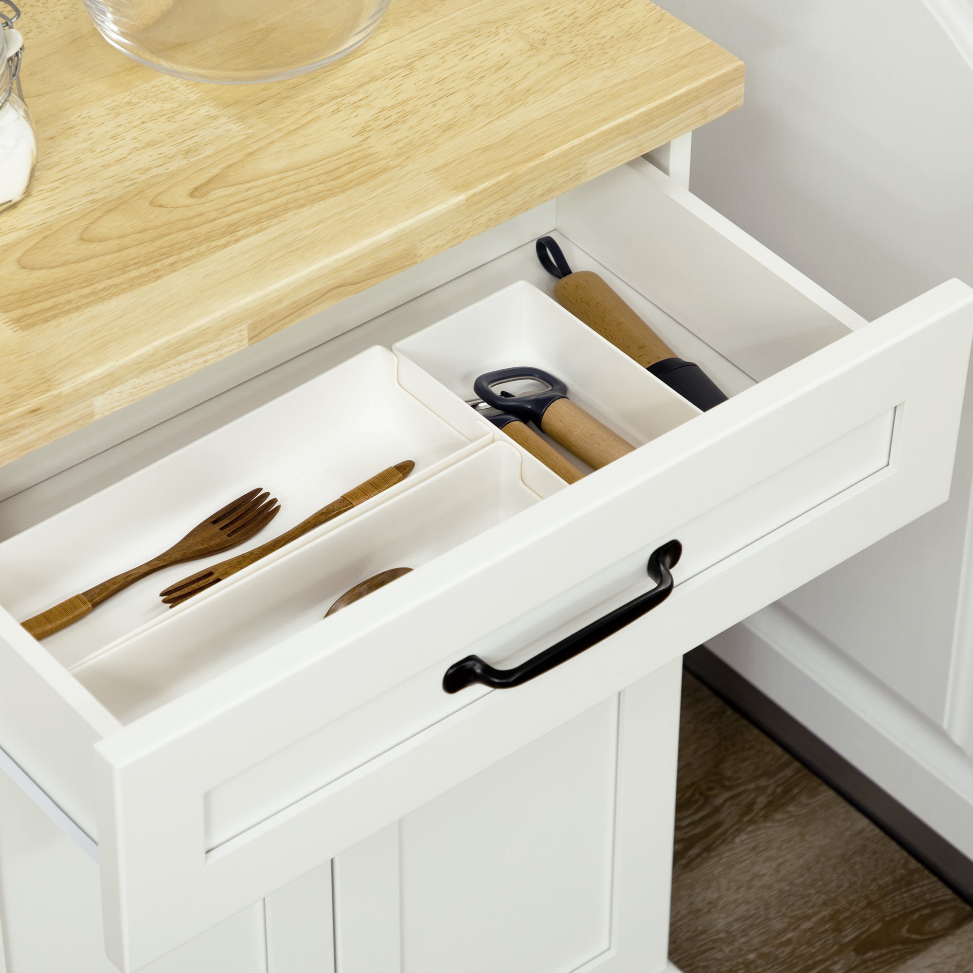 Desserte de cuisine desserte à roulettes chariot de cuisine multi-rangements 1 tiroir 1 placard 1 portes-torchons - blanc et plateau en bois