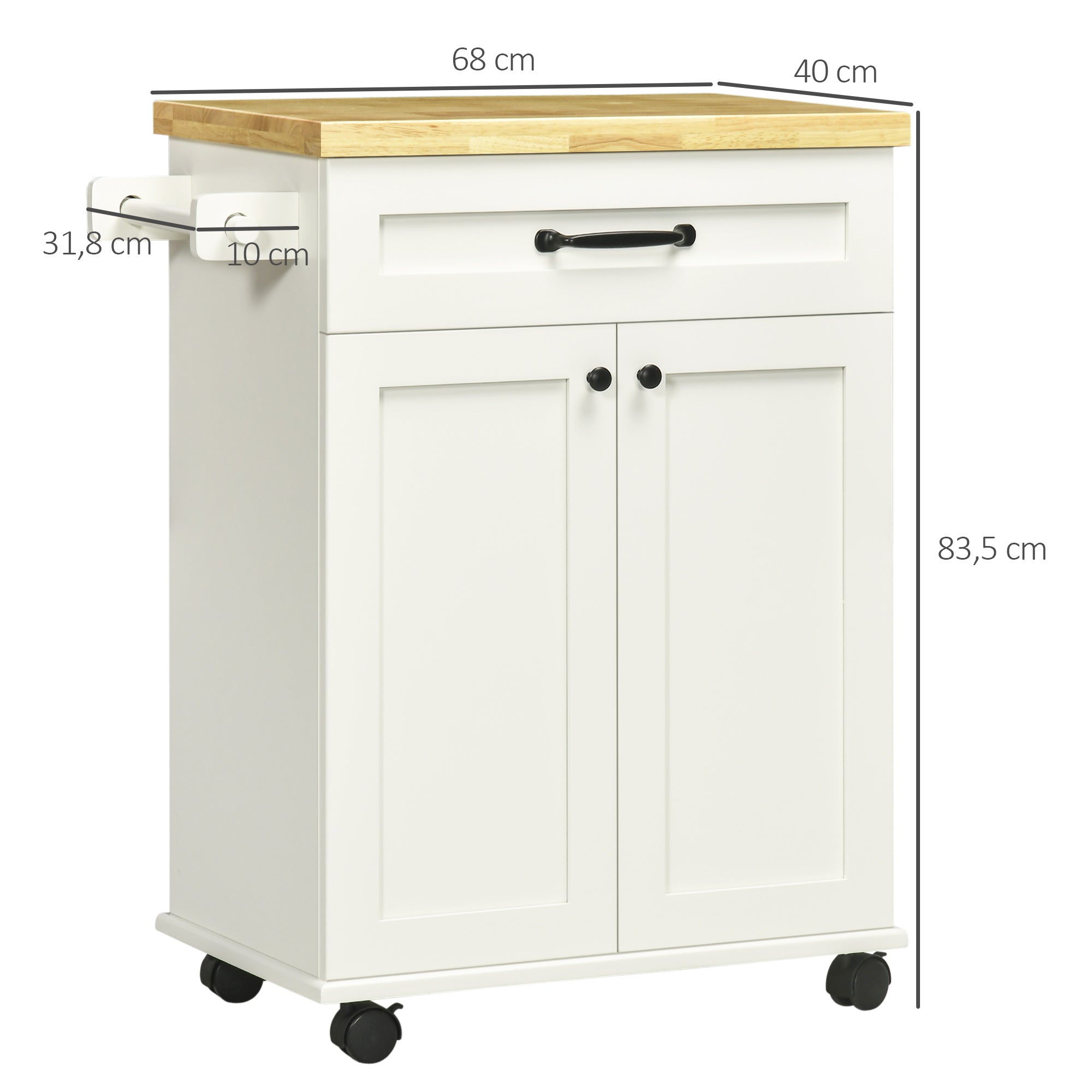Desserte de cuisine desserte à roulettes chariot de cuisine multi-rangements 1 tiroir 1 placard 1 portes-torchons - blanc et plateau en bois