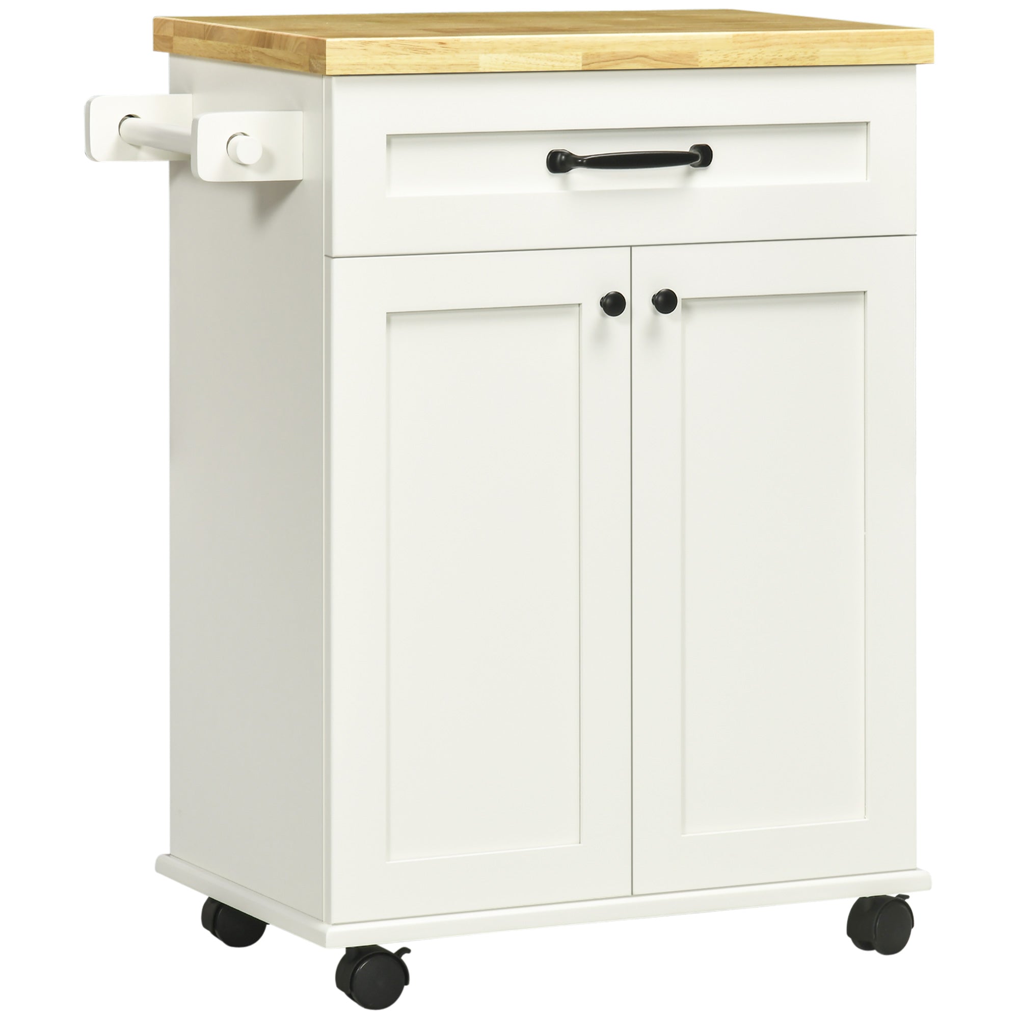 Desserte de cuisine desserte à roulettes chariot de cuisine multi-rangements 1 tiroir 1 placard 1 portes-torchons - blanc et plateau en bois