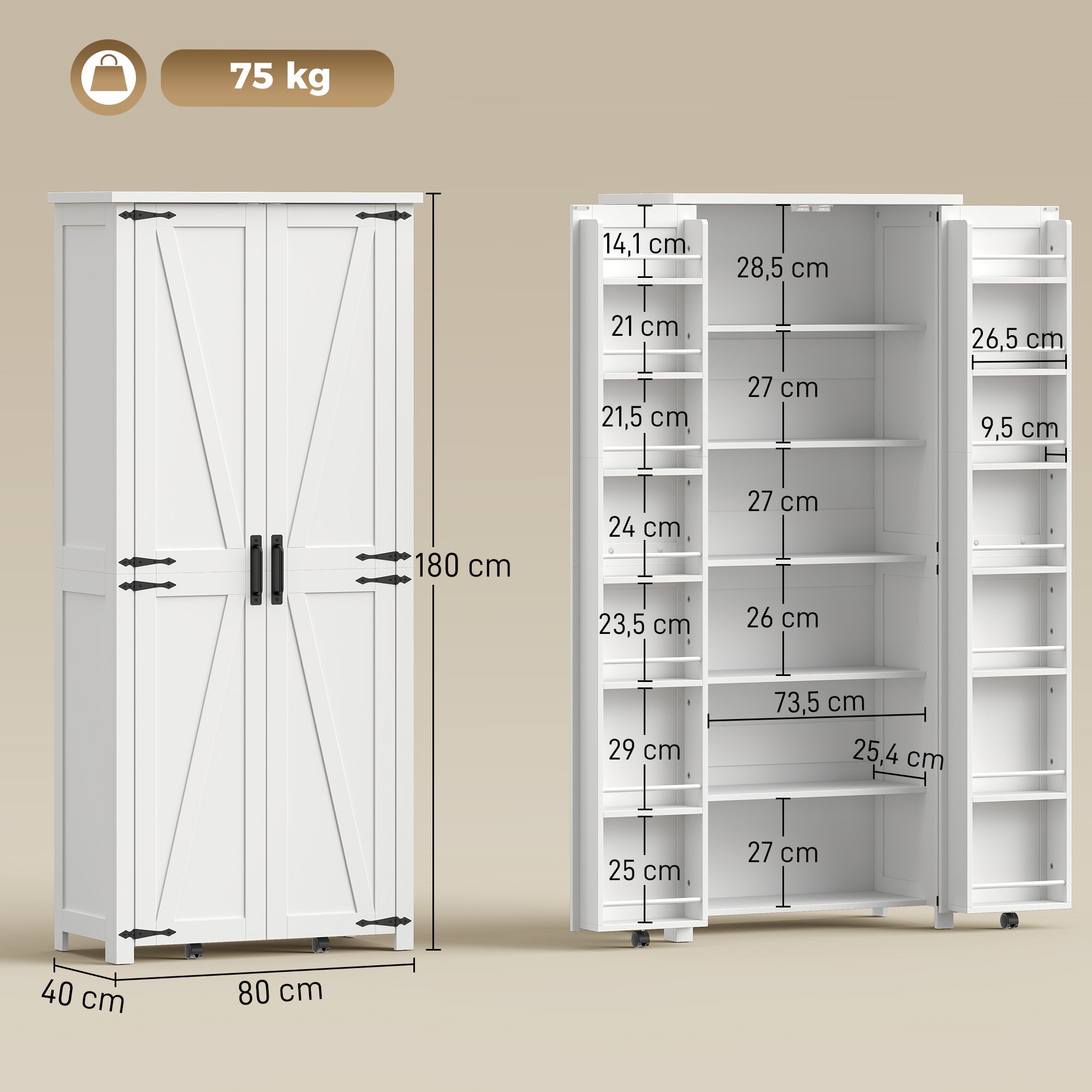 Buffet haut cuisine, armoire cuisine, vaisselier, 2 portes avec roulettes, 6 compartiments, 14 porte-racks et étagères réglables, style rustique, pour salle à manger, salon, 80x40x180cm, blanc