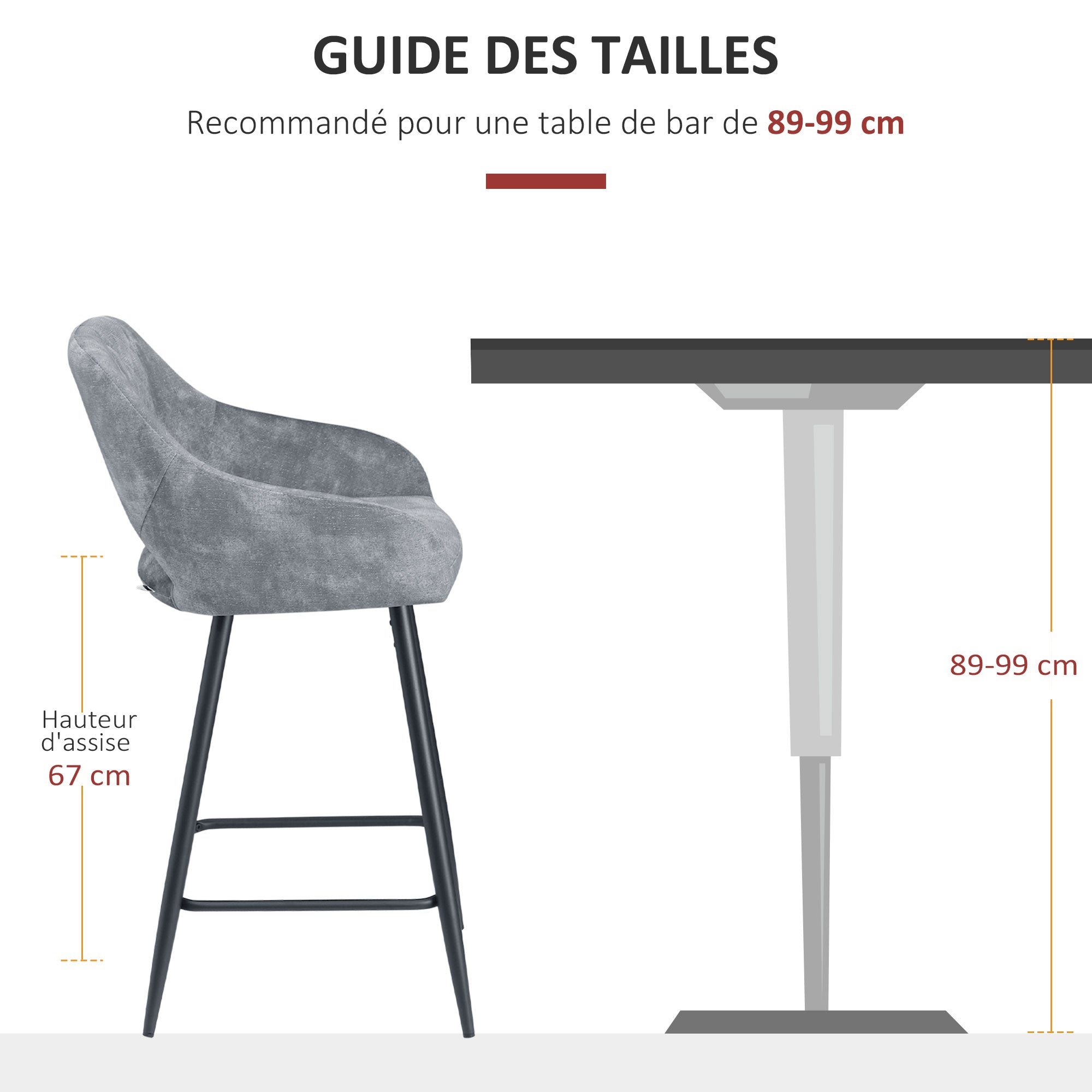 Lot de 2 Tabourets de Bar en Velours Chaises bar Hautes pieds en Métal Noir avec Repose-Pieds, accoudoirs Hauteur 67 cm - Gris